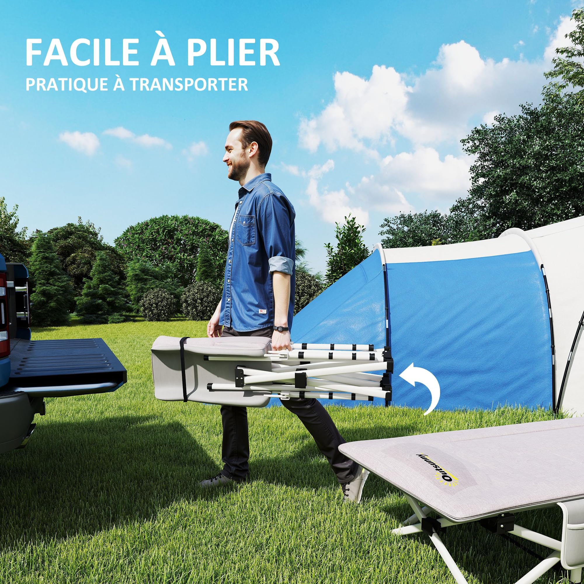 Outsunny Lit de Camping Pliable avec Matelas 185L x 65l x 37H cm Gris | Transat Chaise Longue, Sac de Rangement Intégrée, Jusqu'à 200 kg