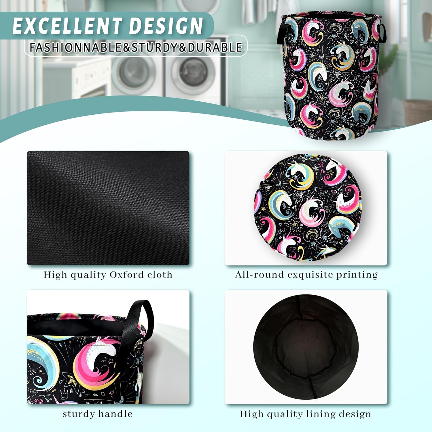 Colorful Unicorn Laundry Basket Foldable With Handles Tote Bag Oxford Cloth Funny Animal Laundry Hamper Clothes Storage Bucket Toy Organizer 18.9" x 16.5" For Bathroom/Laundry/Bedroom