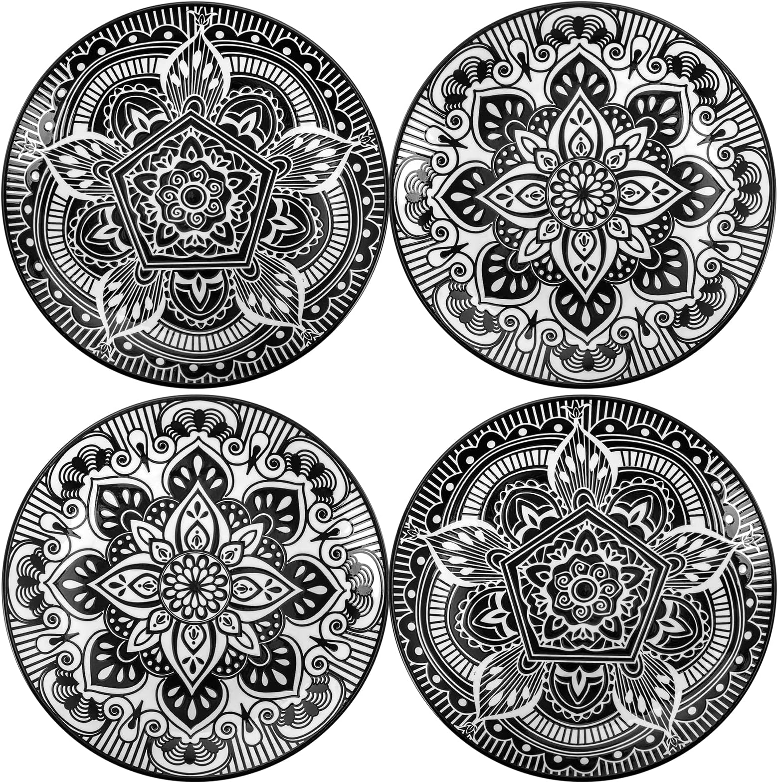 Coloch 4 Pack 8.5 Inch Ceramic Salad Plates, Black and White Floral Dessert Plate Reusable Snack Serving Plate for Pasta, Fruits, Sandwiches, Bar, Home Use, Microwave and Dishwasher Safe