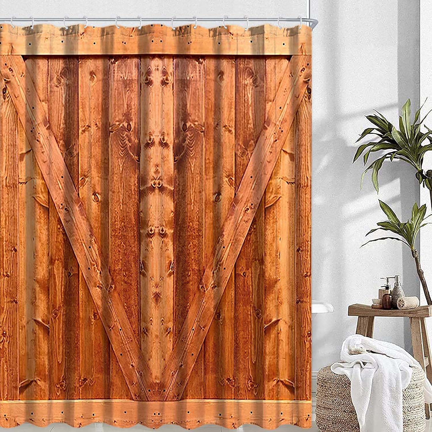 OLYPRO Wood Barn Door Bathroom Decor Fabric Shower Curtain