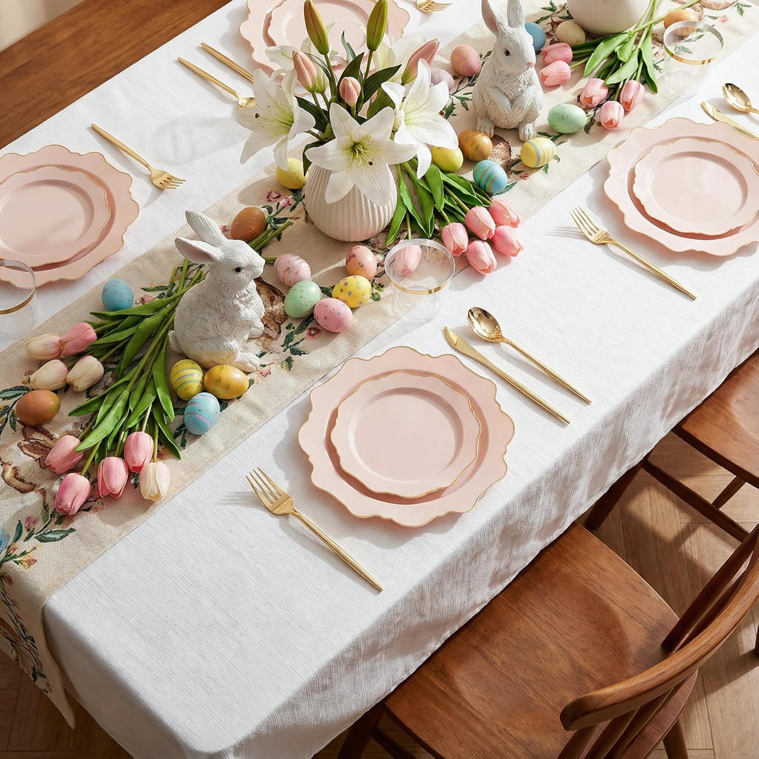 WDF 200PCS Pink Plastic Plates - Pink and Gold Plastic Plates - Include 100 Dinner Plate and 100 Cake Plate for Spring/Wedding/Bridal Shower/Tea party/Easter