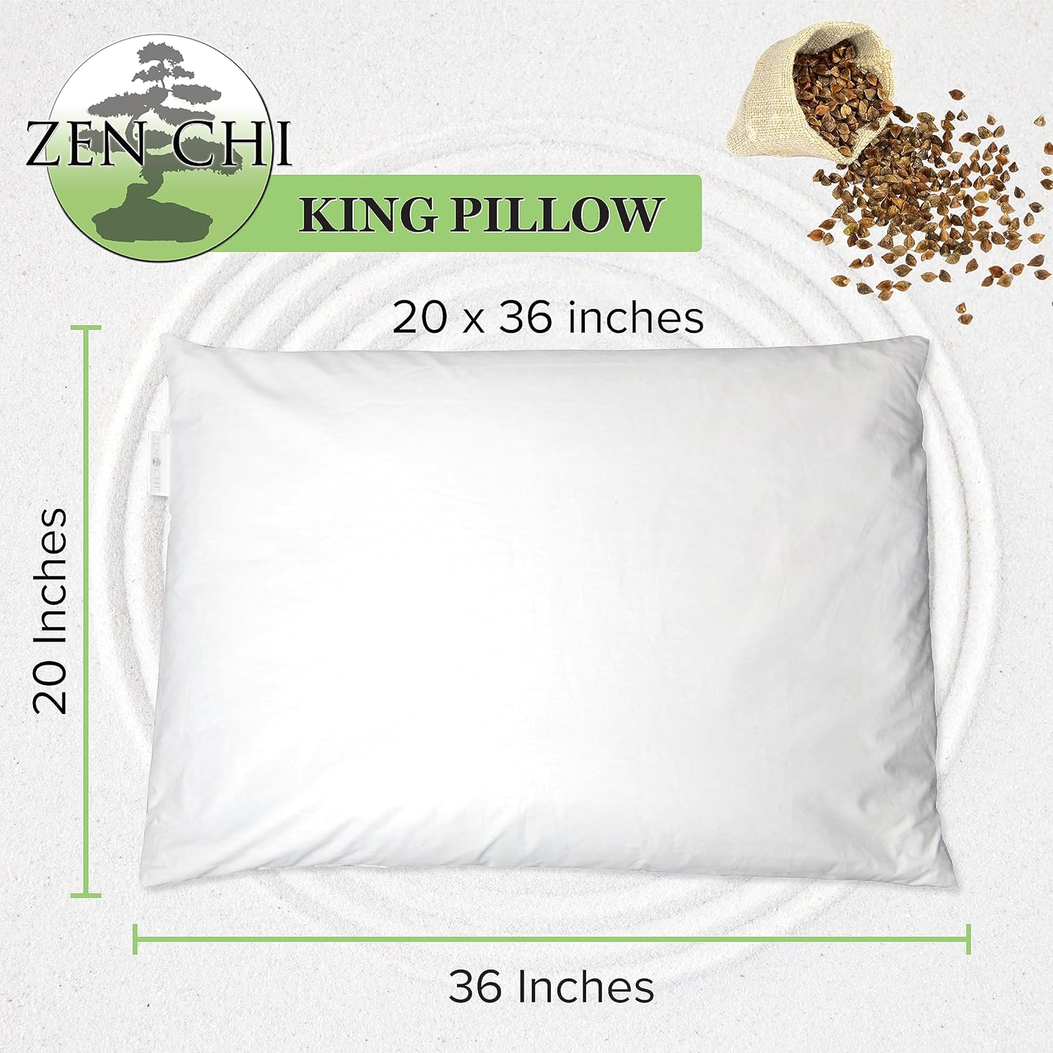 ZEN CHI Buckwheat Pillow - Organic King Size (20"X36") w Natural Cooling Technology- All Cotton Cover - Keep Cool Comfortable Sleep, Pillow Adjusts to The Contours of Head & Neck - Unique Xmas Gift - Image 2