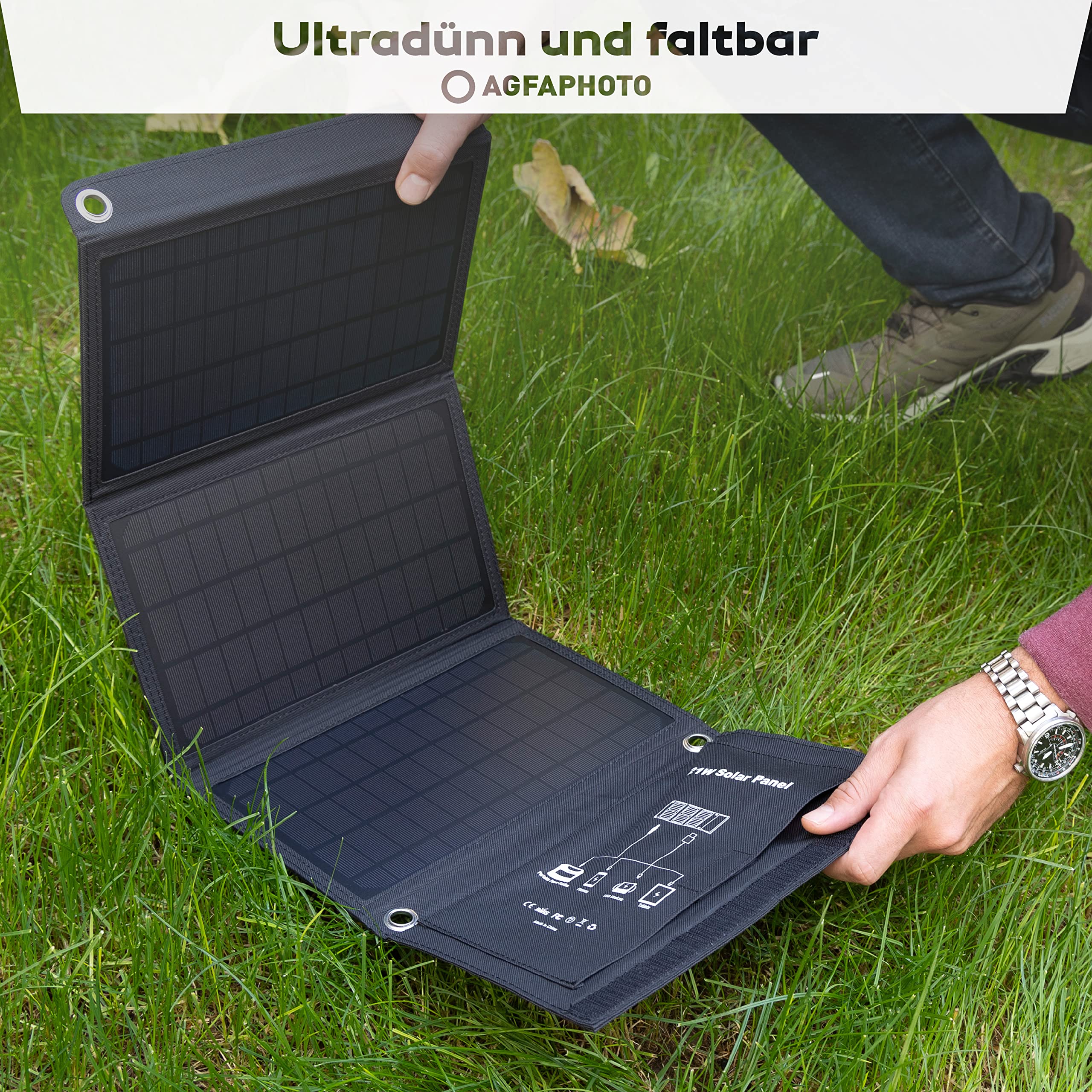 AGFAPHOTO Panel słoneczny SP21 | zewnętrzna ładowarka solarna | składana do aktywności na świeżym powietrzu | zasilanie do różnych urządzeń elektronicznych | ładowarka do urządzeń mobilnych