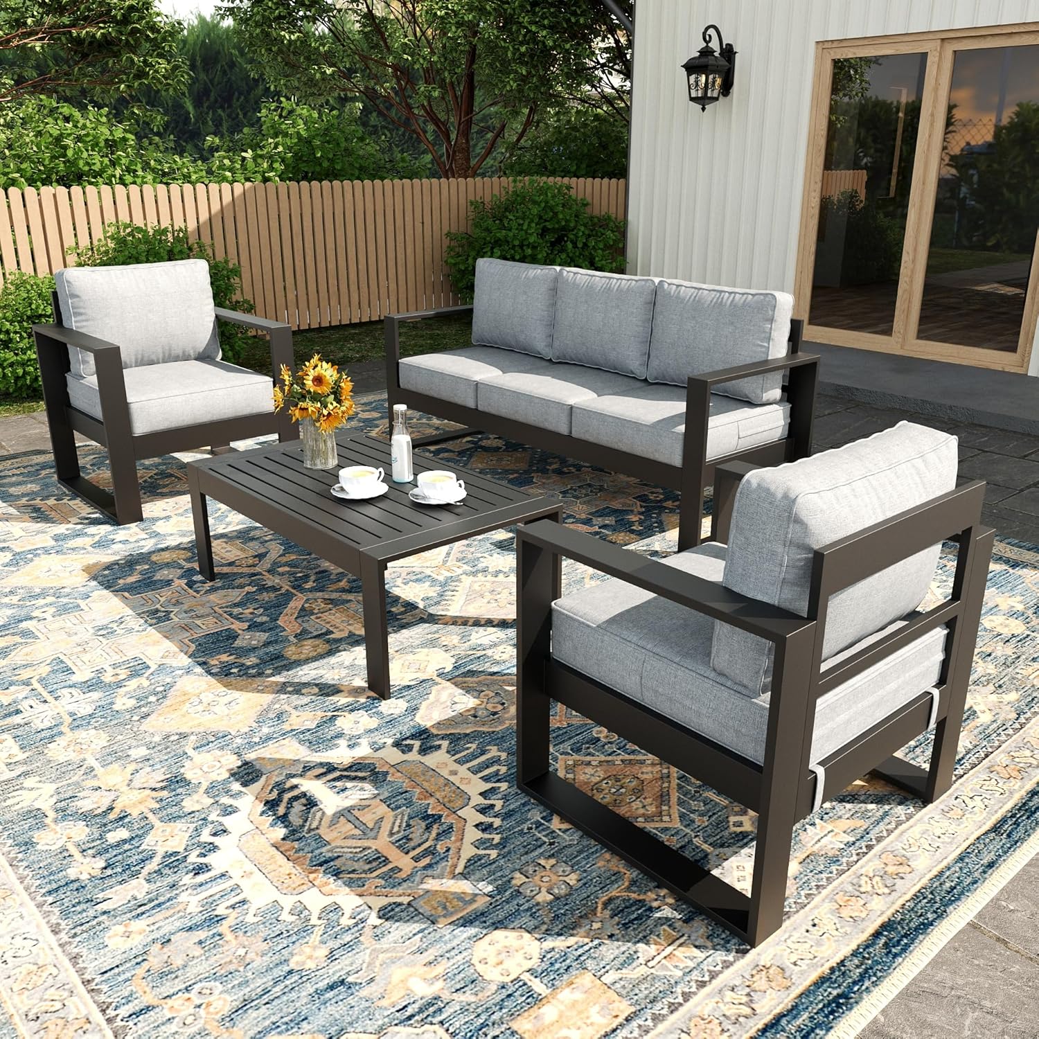4 Piece Modern Aluminum Patio Furniture Set, Outdoor Patio Sectional Conversation Metal Seating Sets with Olefin Cushion and Coffee Table