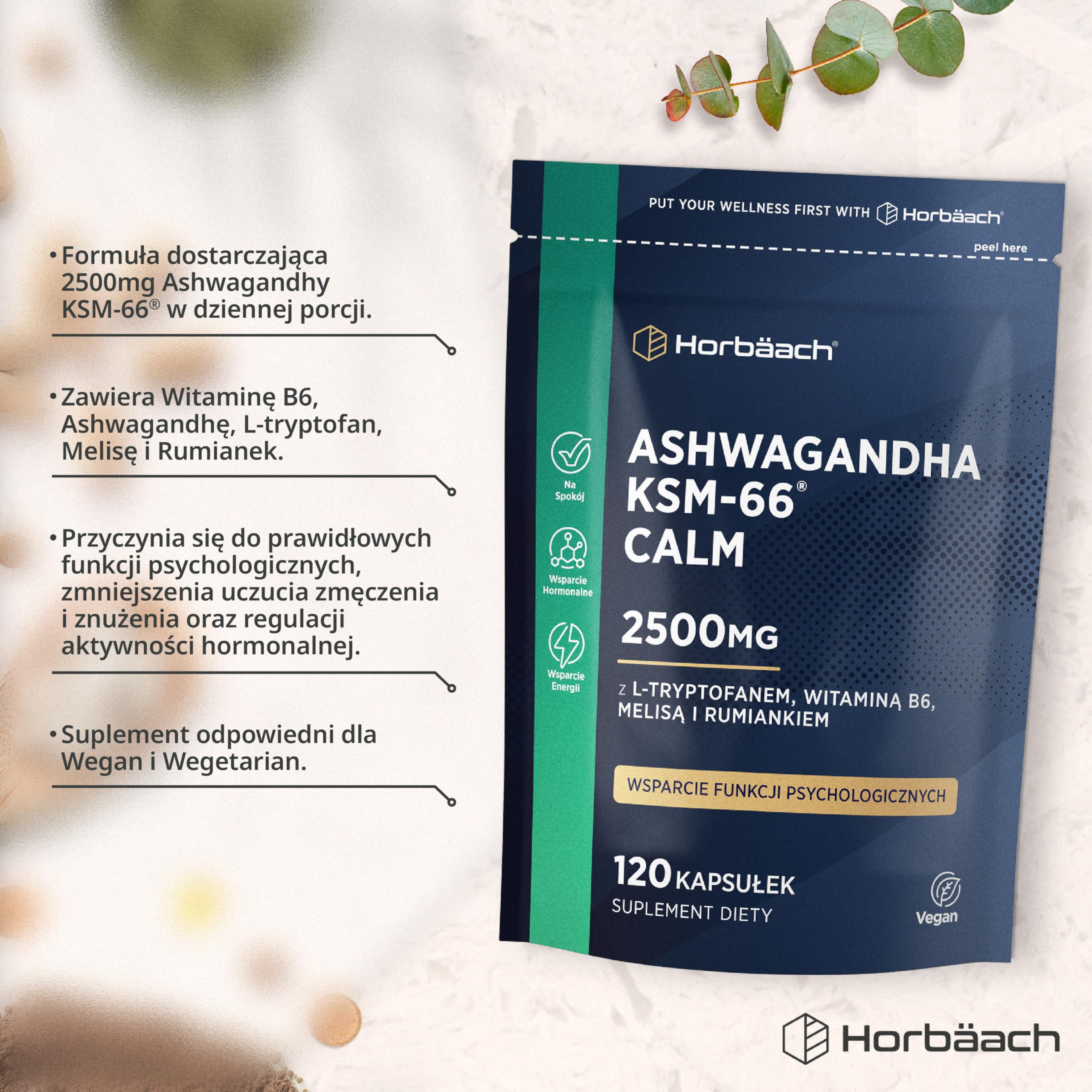Ashwagandha KSM-66® 5000mg z Dodatkiem Aminokwasów oraz Witamin z Grupy B (B1, B2, B3, B6 i B12) | Formuła Wspierająca Spokój dla Kobiet i Mężczyzn | 60 Wegańskich Kapsułek | marki Horbaach