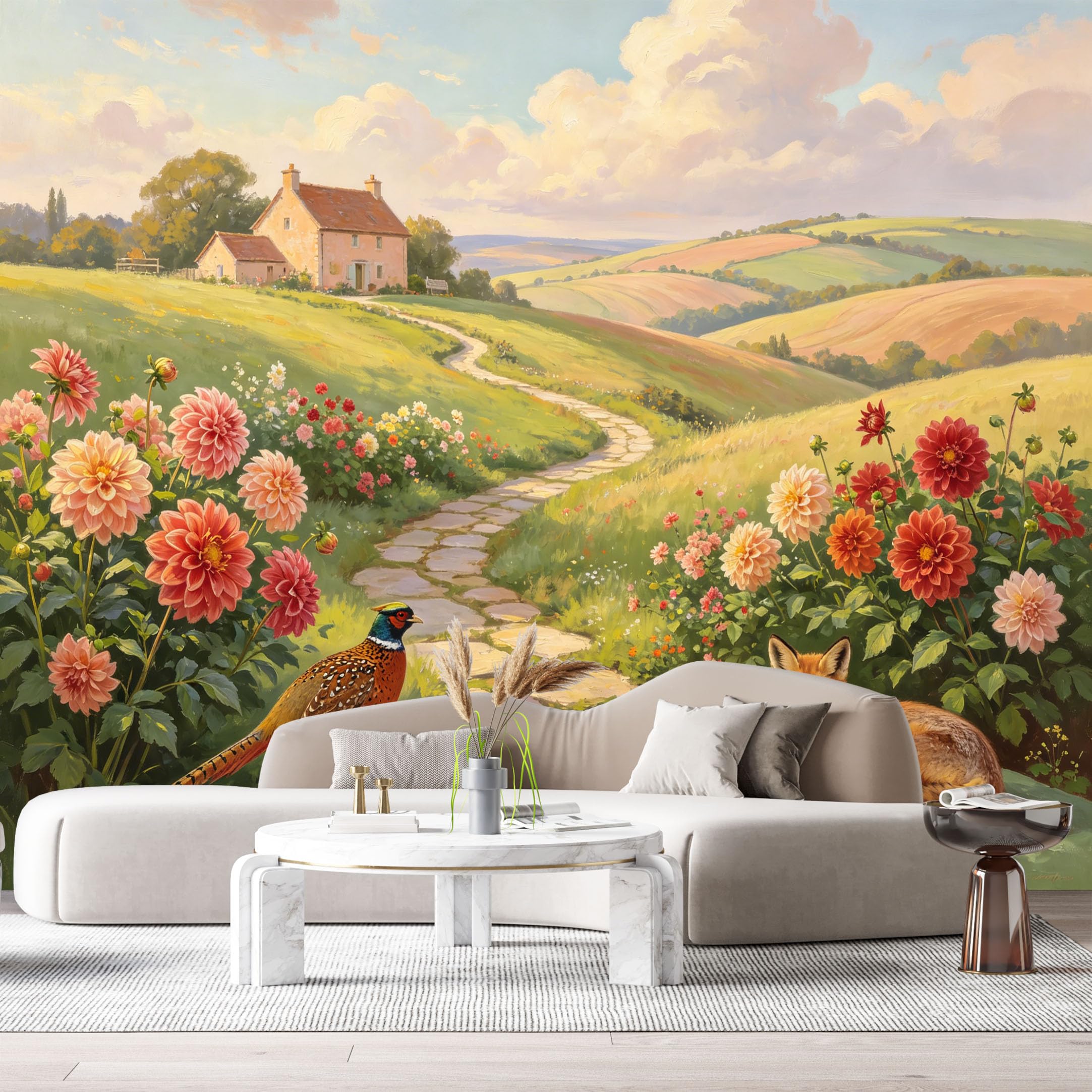 Custom Size Wall Murals Farmhouse American Country Oil Painting Stone Path Cottage Flowers Fox Pheasant SelfAdhesive Wall Fabric Removable Large Wallpaper Photo for Living Room