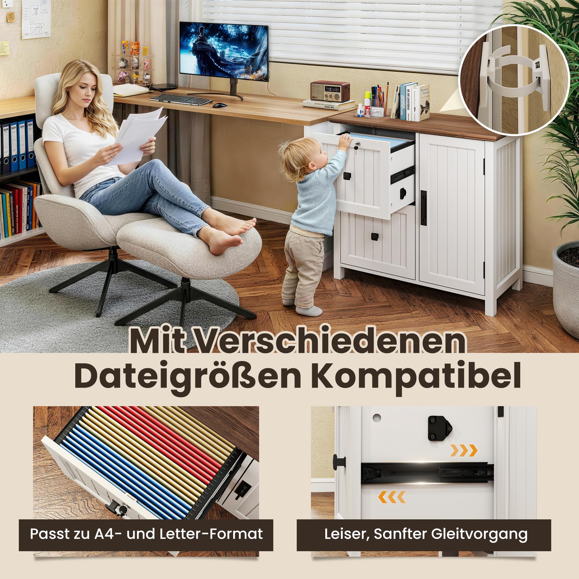 Pamapic Aktenschrank Holz Abschließbar mit 2 Schubladen, Büroschrank für Formate Letter/Legal/A4, Büromöbel mit Verstellbaren Einlegeböden & 1 Großer Schrank, Druckerständer, Weiß