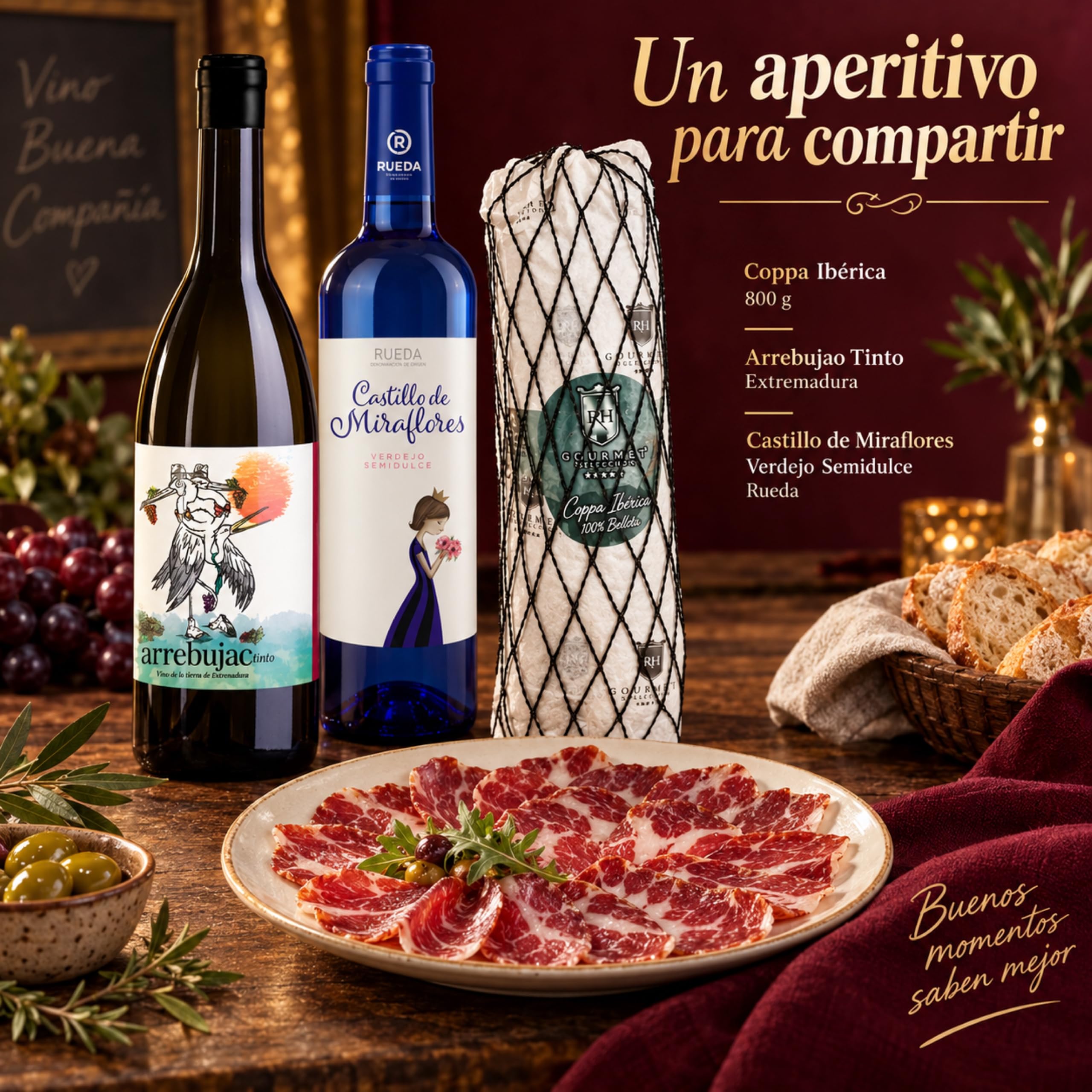 Cesta gourmet Navidad Arrebujao Tinto y Castillo de Miraflores con coppa ibérica de bellota 100% 800 g RH Gourmet, pack de 2 botellas 75 cl