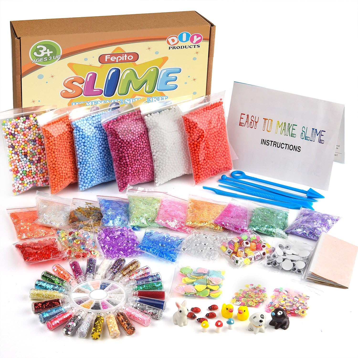 FEPITO 76 Packs Slime Accessories Kit Including Slime Foam Beads, Fishbowl Beads, Wobbly Eyes, Shell, Slices, Imitation Gold Leaf, Slime Tools, Confetti, Animal Models (Contain No Slime)