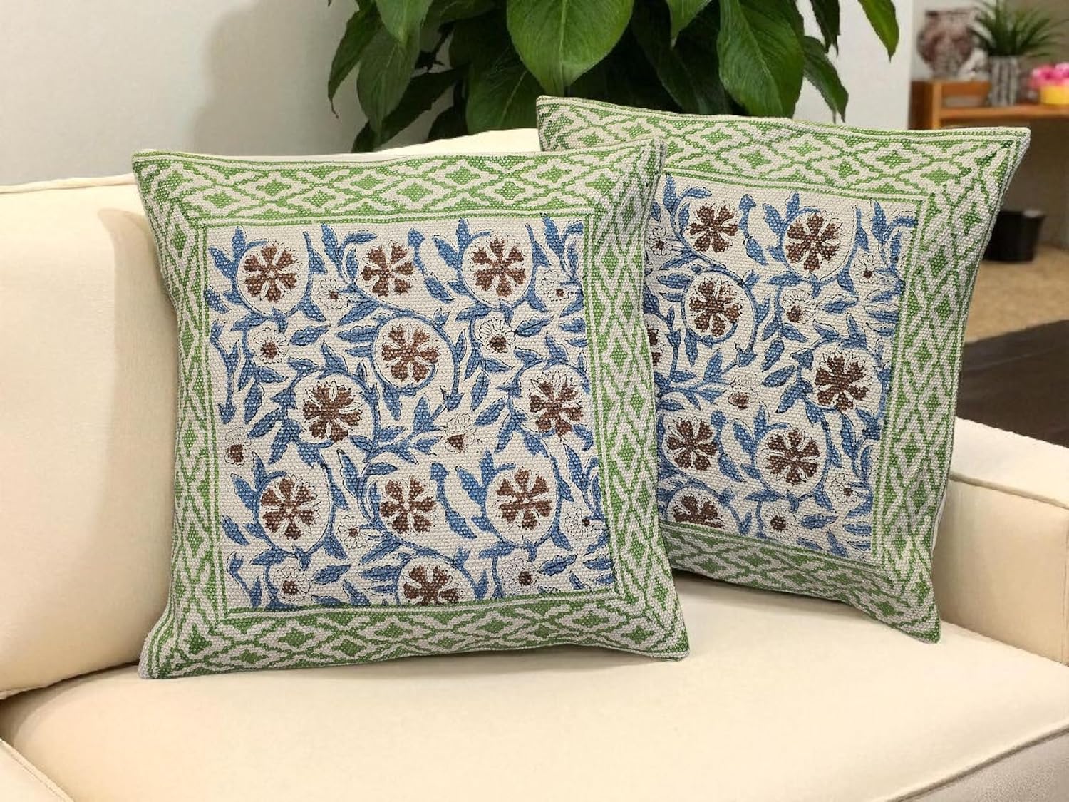 Vintage Grandmillennial Cotton Pillow Covers Set of 2, Handwoven Block Print Cushion Covers 18x18 Inch, Farmhouse Floral Throw Pillow Cases, Boho Decorative Pillow Covers for Sofa Couch Bed
