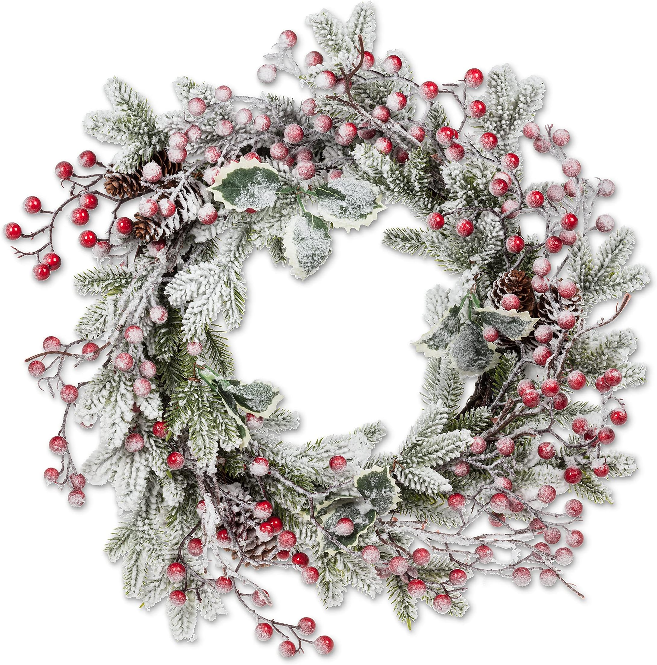 Abbott Collection27-FIRSTSNOW-305 Frosty Wreath with Berries, Green/Red