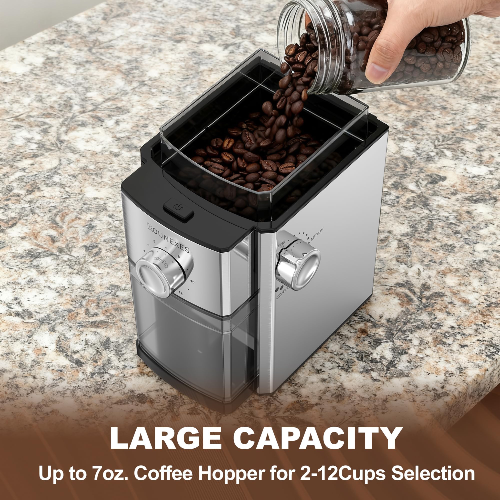 Electric Flat Burr Coffee Grinder, Coffee Grinder with 17 Grind Settings, Coffee Beans Grinder with Removable Burr, Large Capacity Bean Hopper & Compact Design for Home&Office — view 3