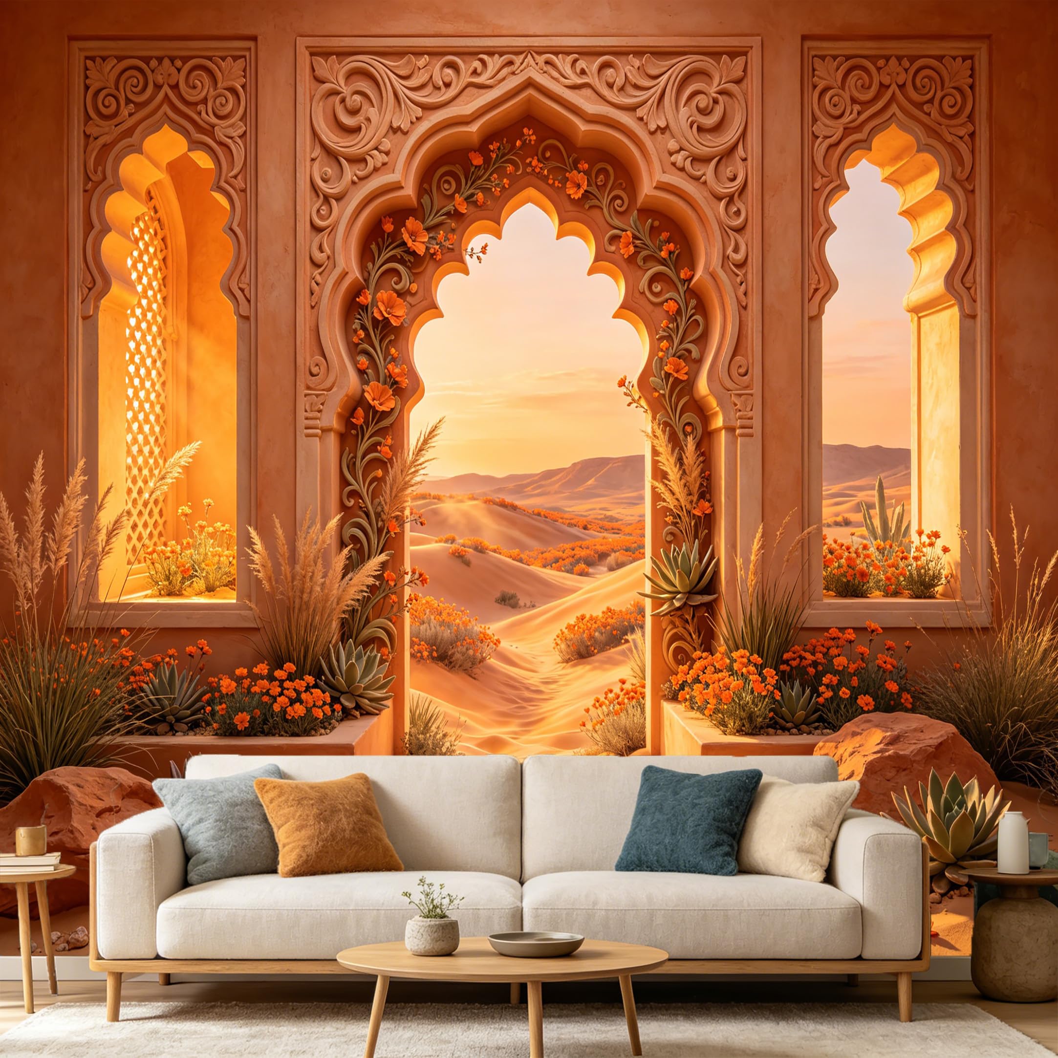 Custom Size Wall Mural， Moroccan Arch Desert Landscape 3D Trompe L'Oeil Floral， SelfAdhesive Art Prints wall Fabric Removable Large Wallpaper Home Living Room Decor