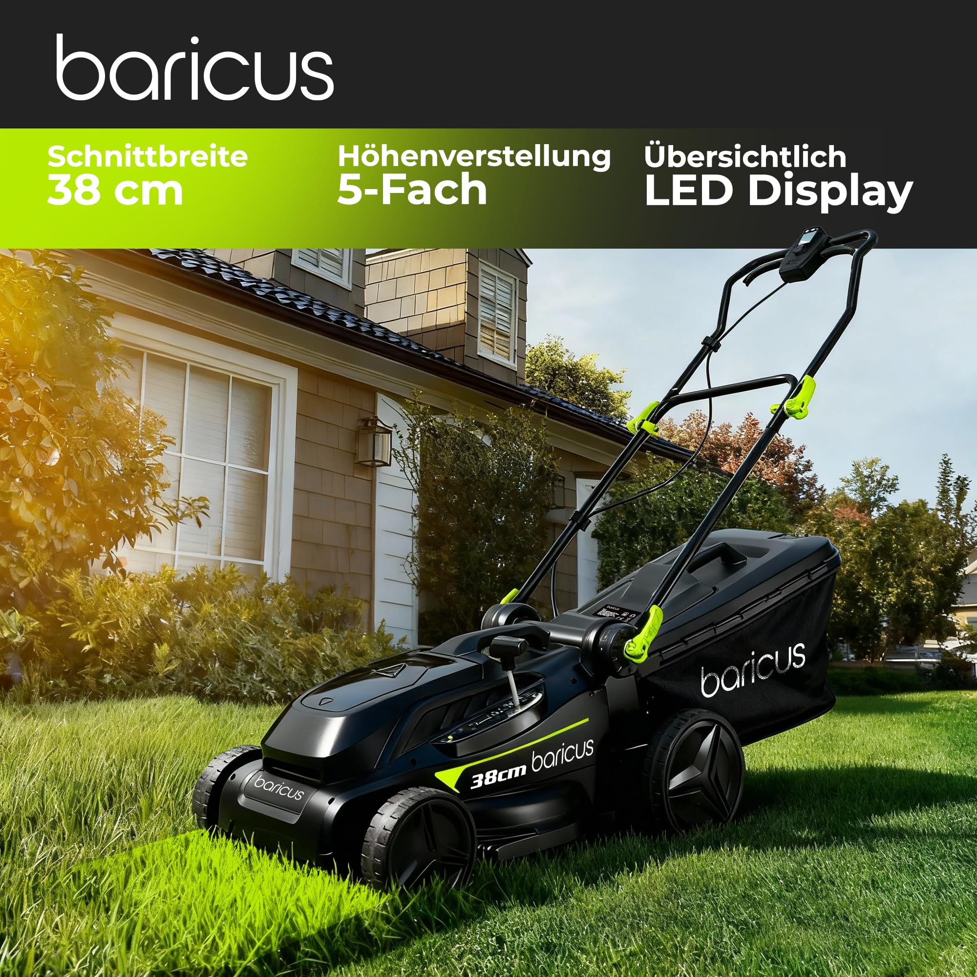 BARICUS Akku Rasenmäher Brushless 38 cm Display 2x4Ah 36V – B-Ware | Brushless Motor · Digitales Display · 38 cm Schnittbreite · 2×4,0 Ah Akkus inkl.