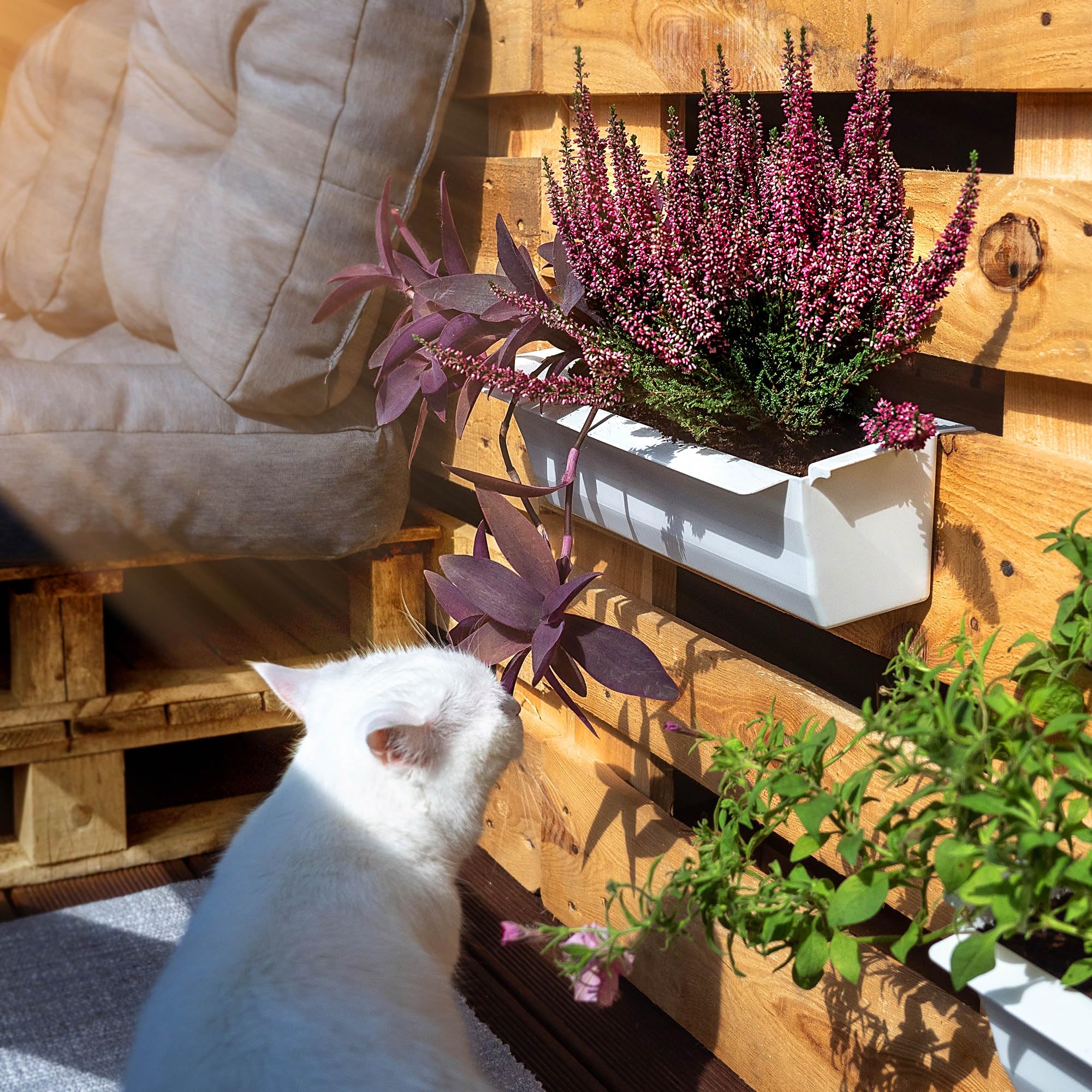KADAX Lot de 6 jardinières pour palettes avec système de suspension, 37 x 9 cm, blanches, à planter et décorer, bac à fleurs pour palettes européennes, insert de pot de fleurs et cache-pot dans les