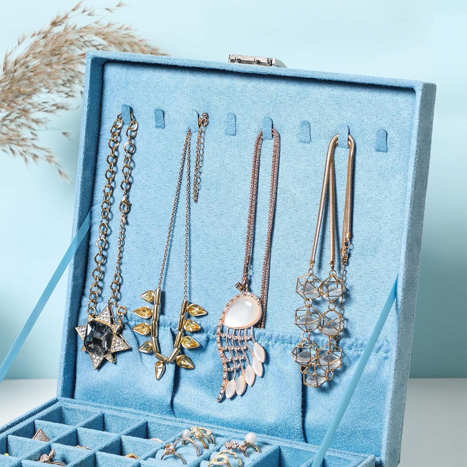 SONGMICS Jewelry Box, Storage Organizer with a Removable Tray and Compartments for Earrings, Necklaces, Bracelets, Watches, Light Blue : Everything Else