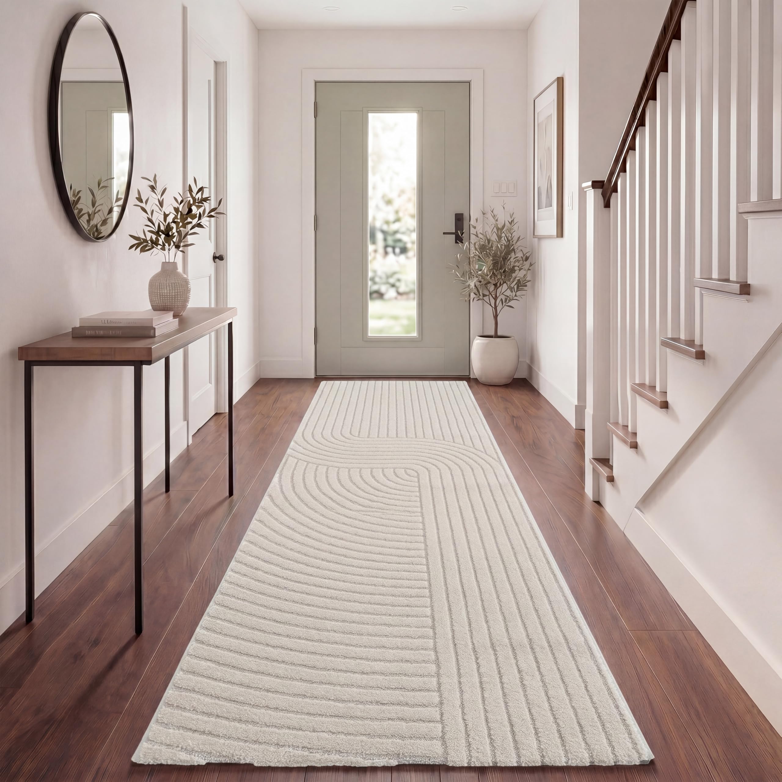 Tapis motif abstrait effet de profondeur velours crème