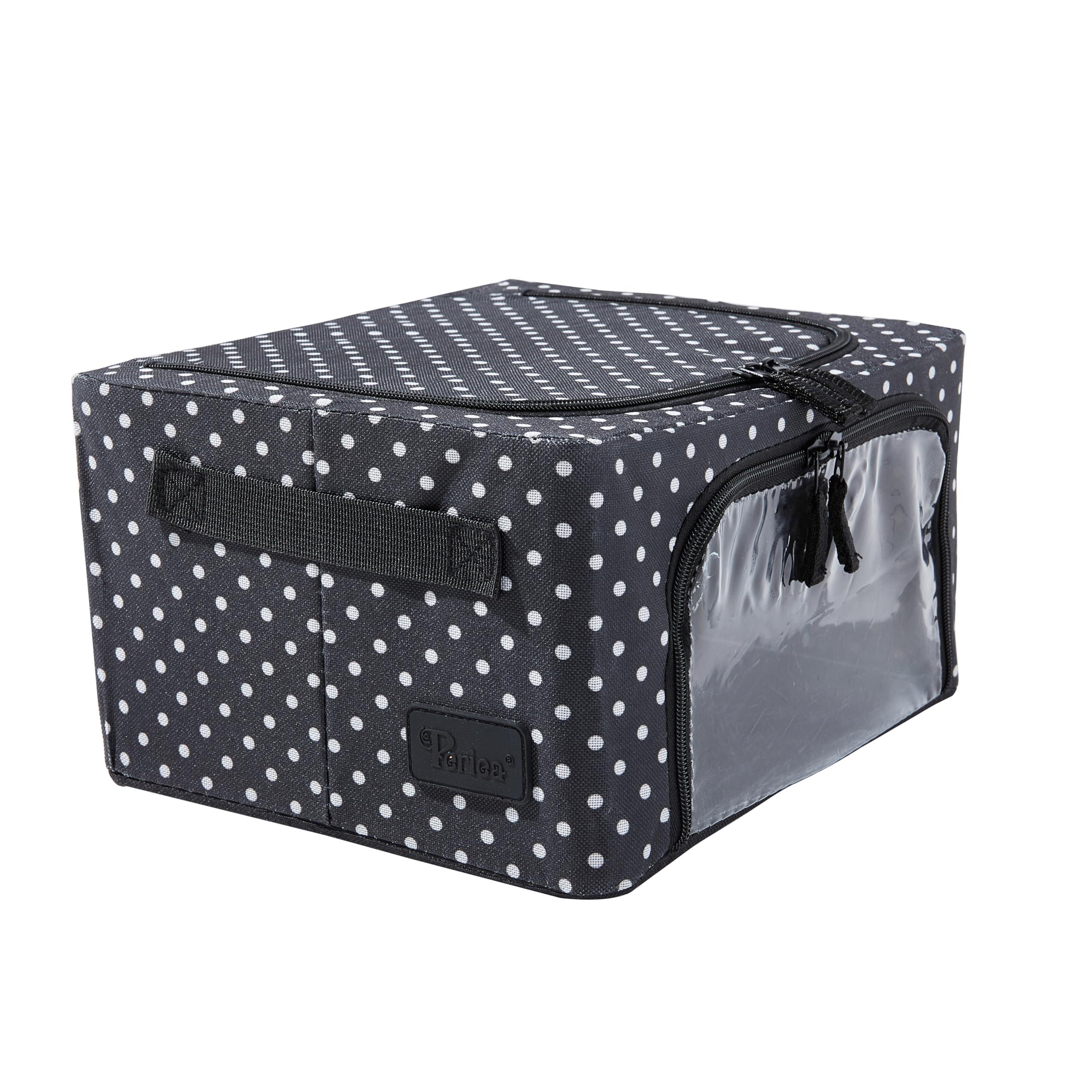 Periea ‘Beau’ Folding Collapsible Stackable Fabric Home Storage Boxes with Steel Frames (Black with White Polka Dots, Compact)