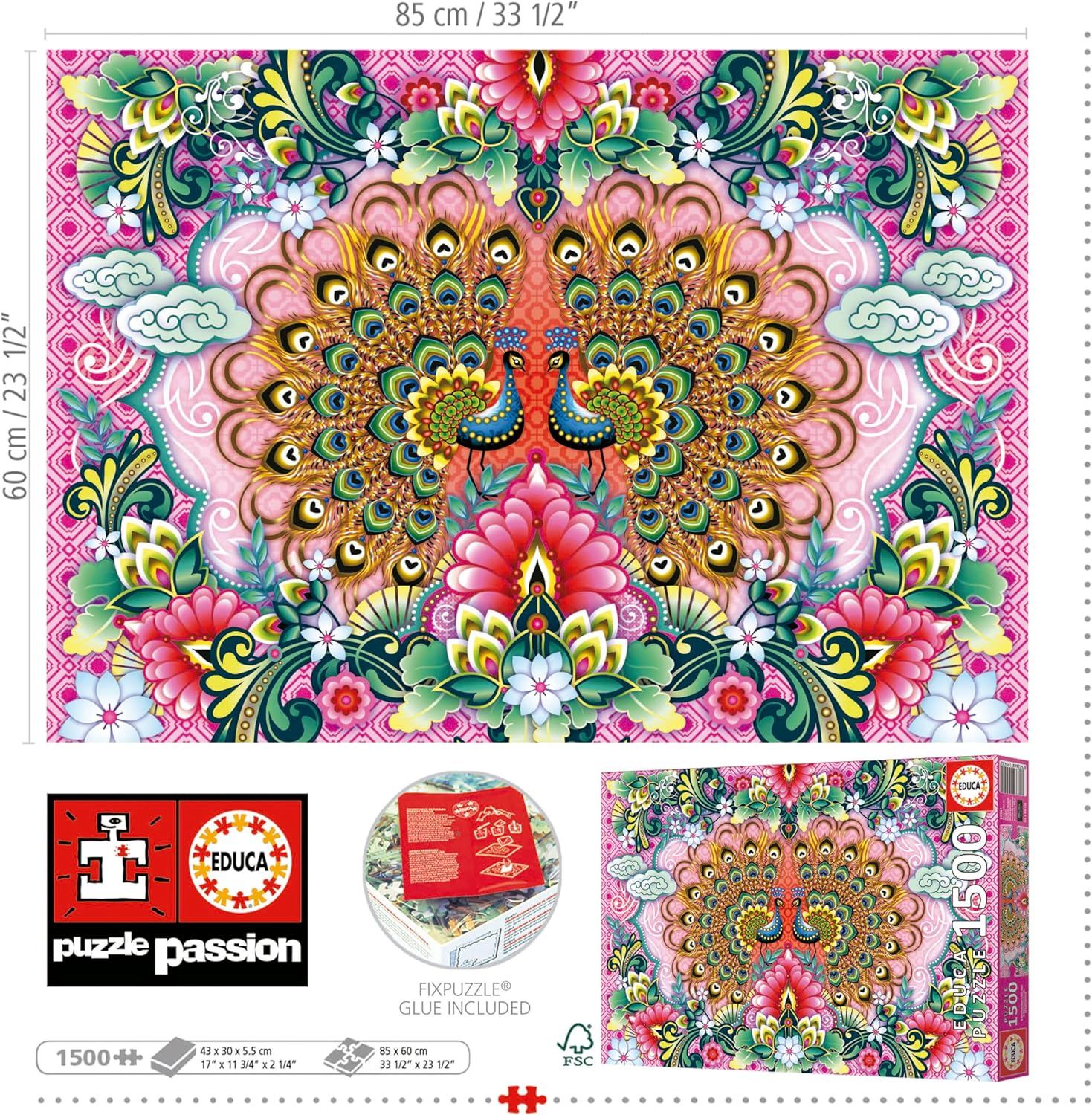 Educa - Catalina Estrada - Bengal Peacocks - 1500 Piece Jigsaw Puzzle - Puzzle Glue Included - Completed Image Measures 33.46" x 23.6" - Ages 14+ (19942)