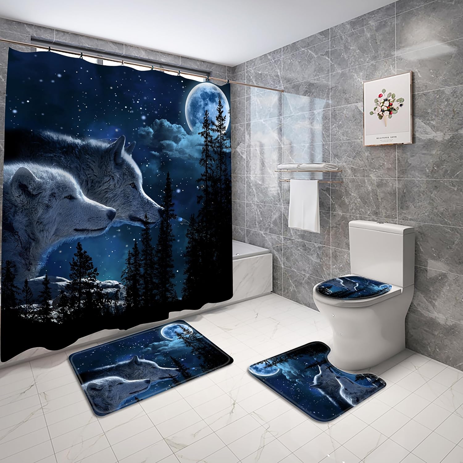 4 Pcs Wolf Shower Curtain Set Forest Starry Sky Bathroom Sets Modern Home Fabric Moon Trees Wildlife Animal Howling Bathroom Decor Set with Rugs and Toilet Lid Cover,72" x 72"