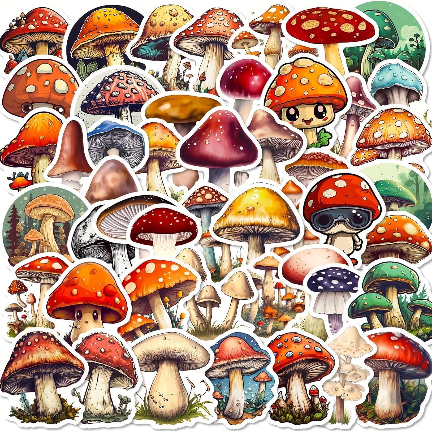 50-Pack Cute Cartoon Mushroom Stickers - Fantasy Forest Themed Doodle Decals for Kids' Rewards, Scrapbooking, and DIY Crafts, Waterproof Vinyl Sticker Set