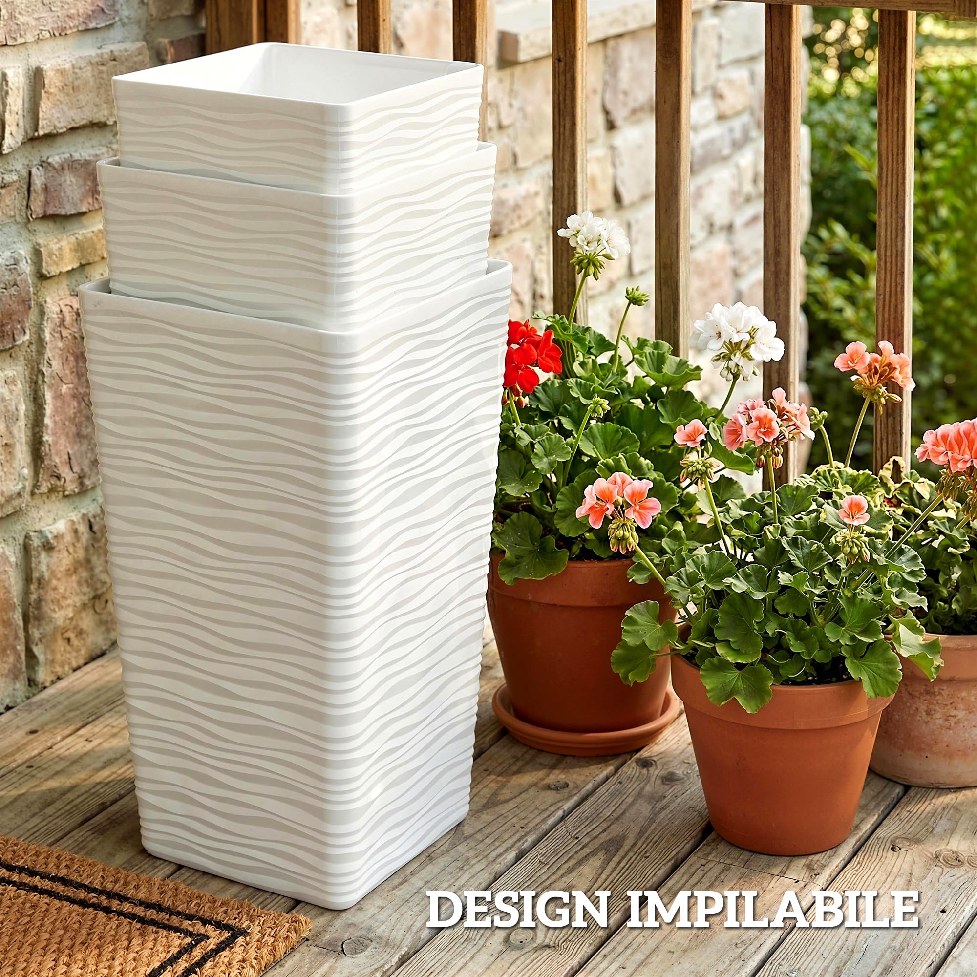 Outsunny Set di 3 Vasi da Esterno Impilabili con Motivo Ondulato, Vasi per Piante da Esterno Quadrati in Plastica per Fiori con Fori di Drenaggio, 42/55/65 cm, Bianco