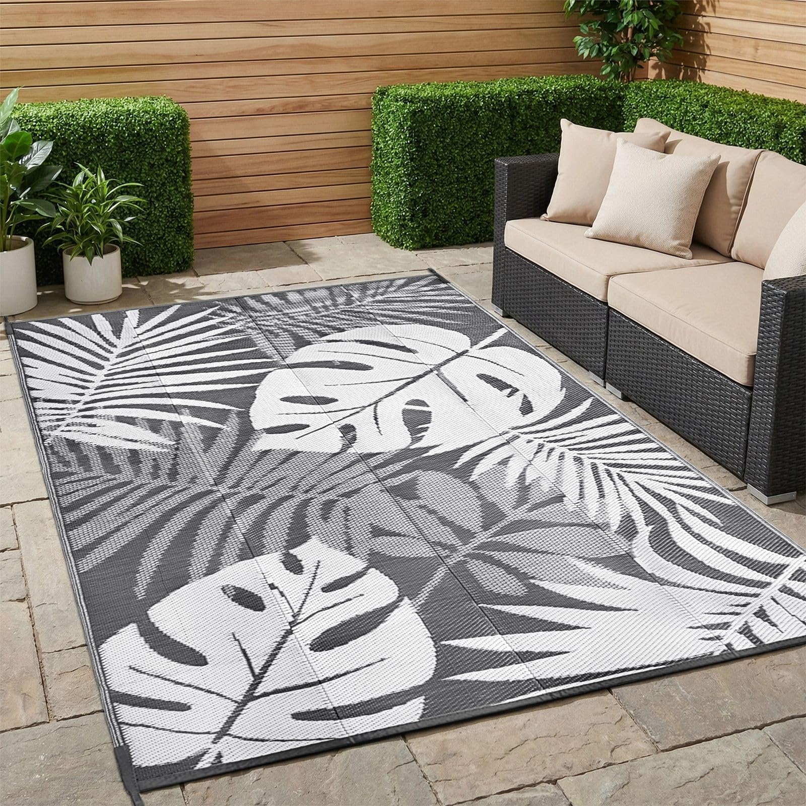 Hiseng Tapis d'extérieur Imperméable Terrasse Balcon, Monstera Grise Tapis de Sol Réversible en Plastique Résistant aux Intempéries aux UV pour Jardin, Camping, Pique-Nique (Grise,183x274cm)