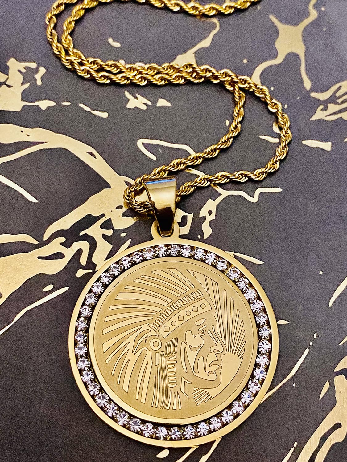 Indian Chief Head Pendant Necklace – 14K Gold Finish 925 Italy Iced Out Native American Charm with Stainless Steel 2.5mm Rope Chain, Hip Hop Jewelry