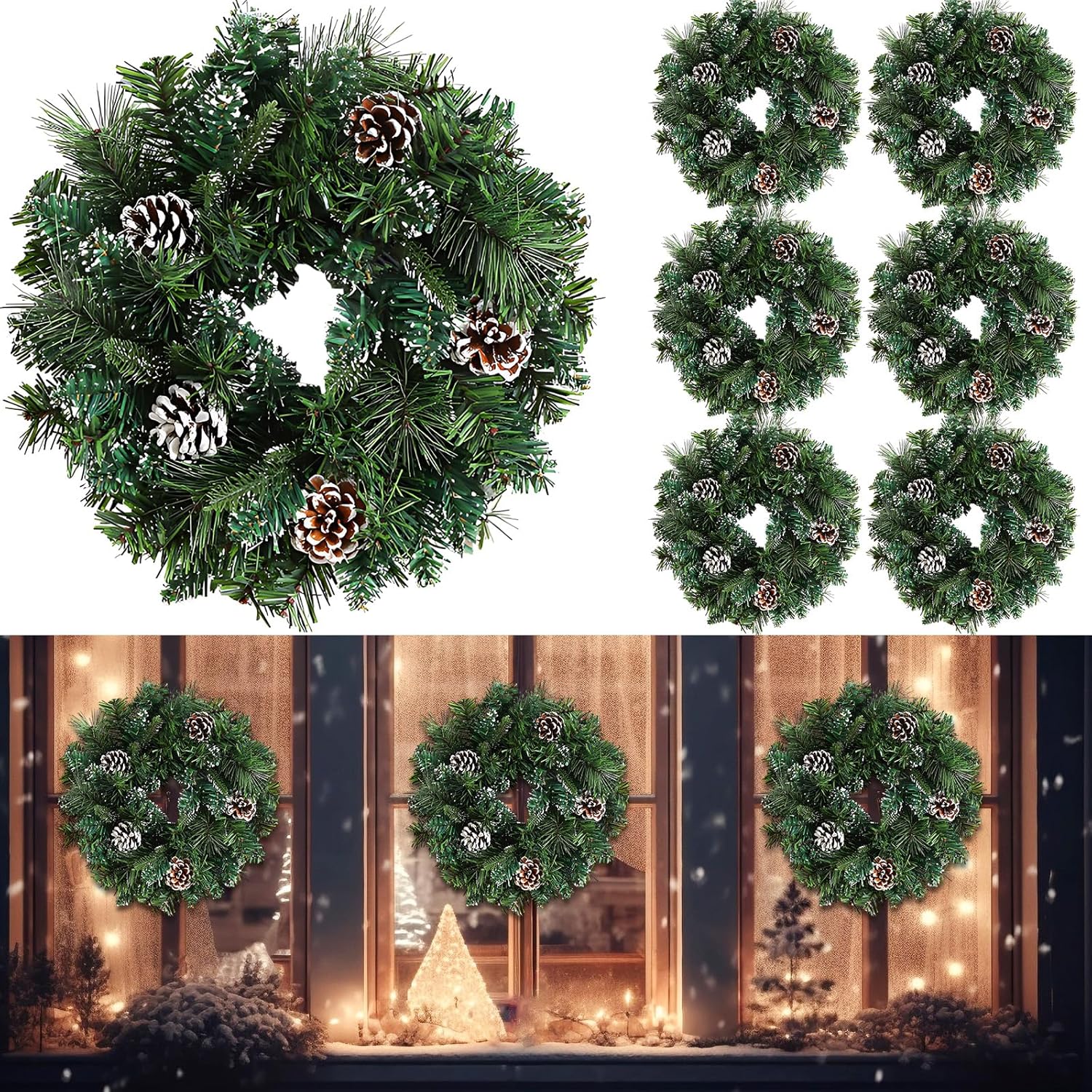 8 Pack 12" Christmas Wreath Decorations for Front Door Window Mini Xmas Pine Needle Wreath Farmhouse Decor Artificial Hanging Garlands for Chair Holiday Wall Indoor Outdoor Christmas Party