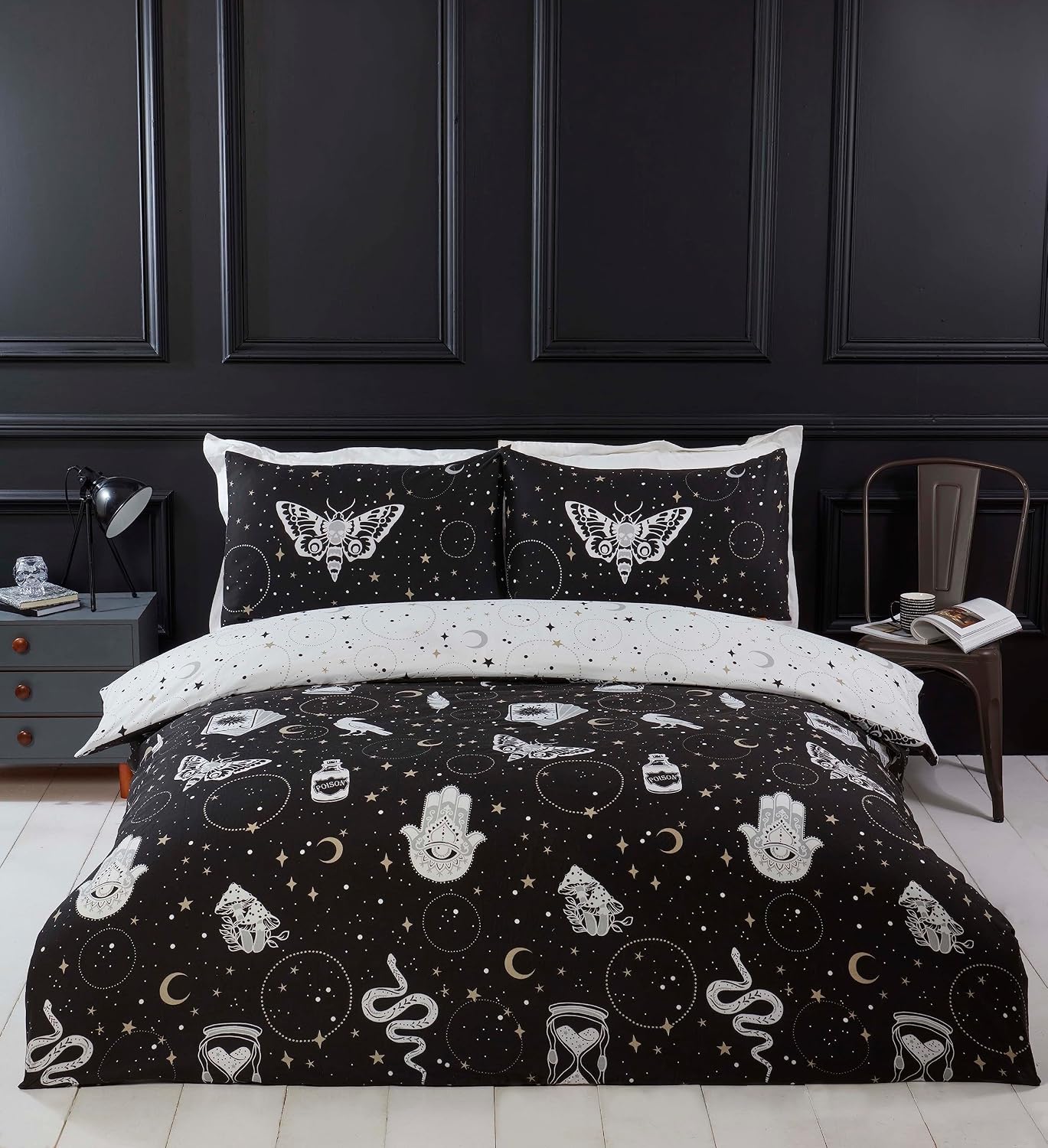 Rapport Home Gothic Magick Duvet Cover Set | Single Black Skull Moon Stars Bedding with 1 Pillowcase | Soft 100% Polyester Easy Care Duvet Cover 135x200cm