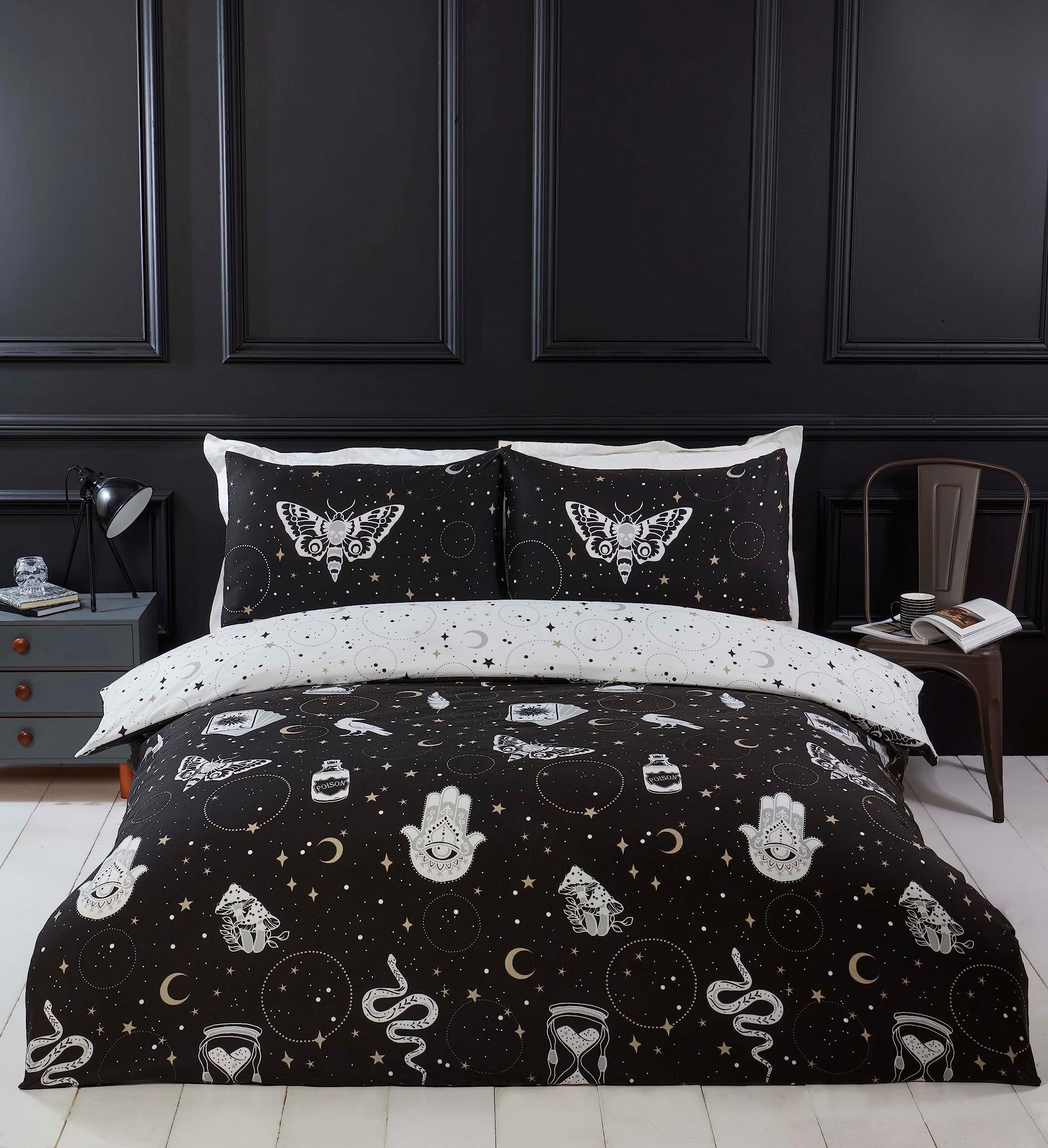 Home Gothic Magic Microfibre Double Duvet Cover Set, Dark Themed Halloween Bedding Set, Reversible Constellation Duvet Set