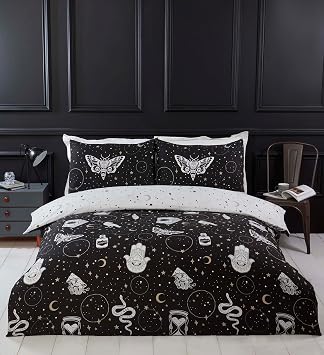 Rapport Home Gothic Magick Duvet Cover Set | Double Black Skull Moon Stars Bedding with 2 Pillowcases | Soft 100% Polyester Easy Care Duvet Cover 200x200cm