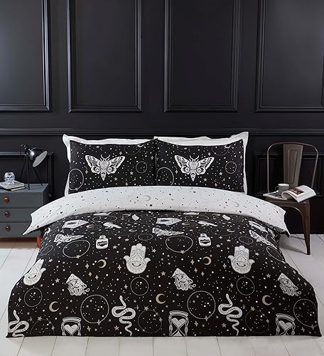 Rapport Home Gothic Magic Microfibre Double Duvet Cover Set, Dark Themed Halloween Bedding Set, Reversible Constellation Duvet Set,Black - Full - Black