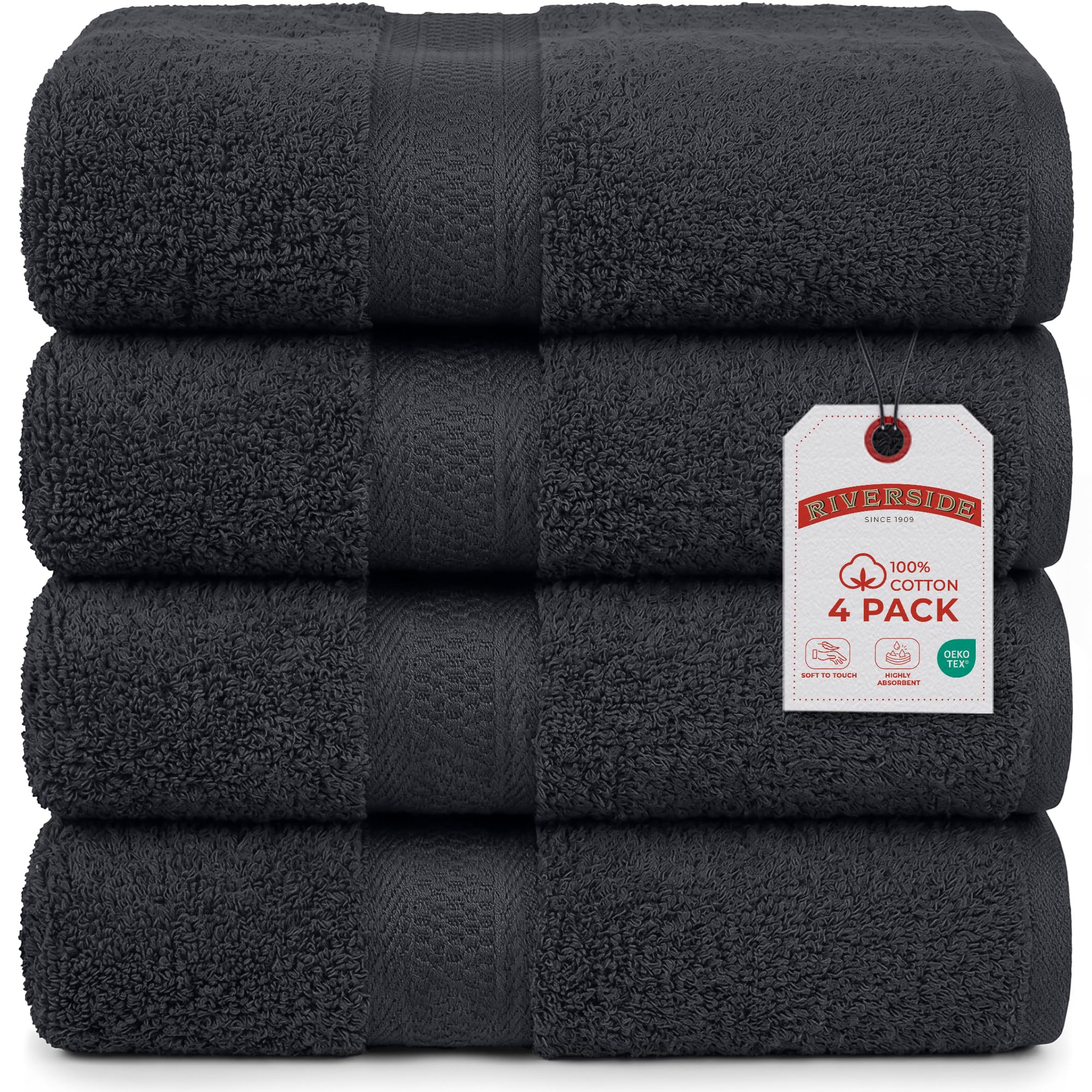 RIVERSIDE 100% Ring Spun Cotton Large Bath Towels Set of 4, 27 x 54 – Quick Dry, Soft & Highly Absorbent Towels for Shower & Bathroom – Luxury 600 GSM Towels for Home, Spa, Gym, Hotel, (Charcoal Gray)