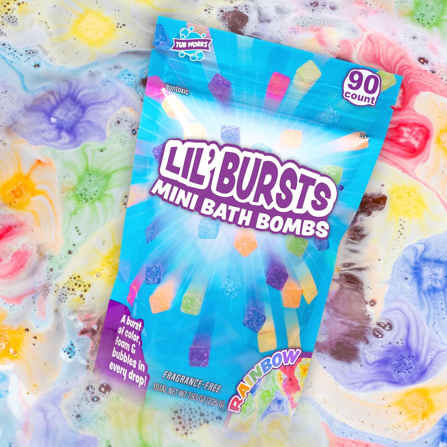 TubWorks Lil' Bursts Mini Bath Bombs for Kids, 90 Count Rainbow - Nontoxic Color Foam Bubbles, Safe Toddler Bath Fun with 7 Vibrant Colors