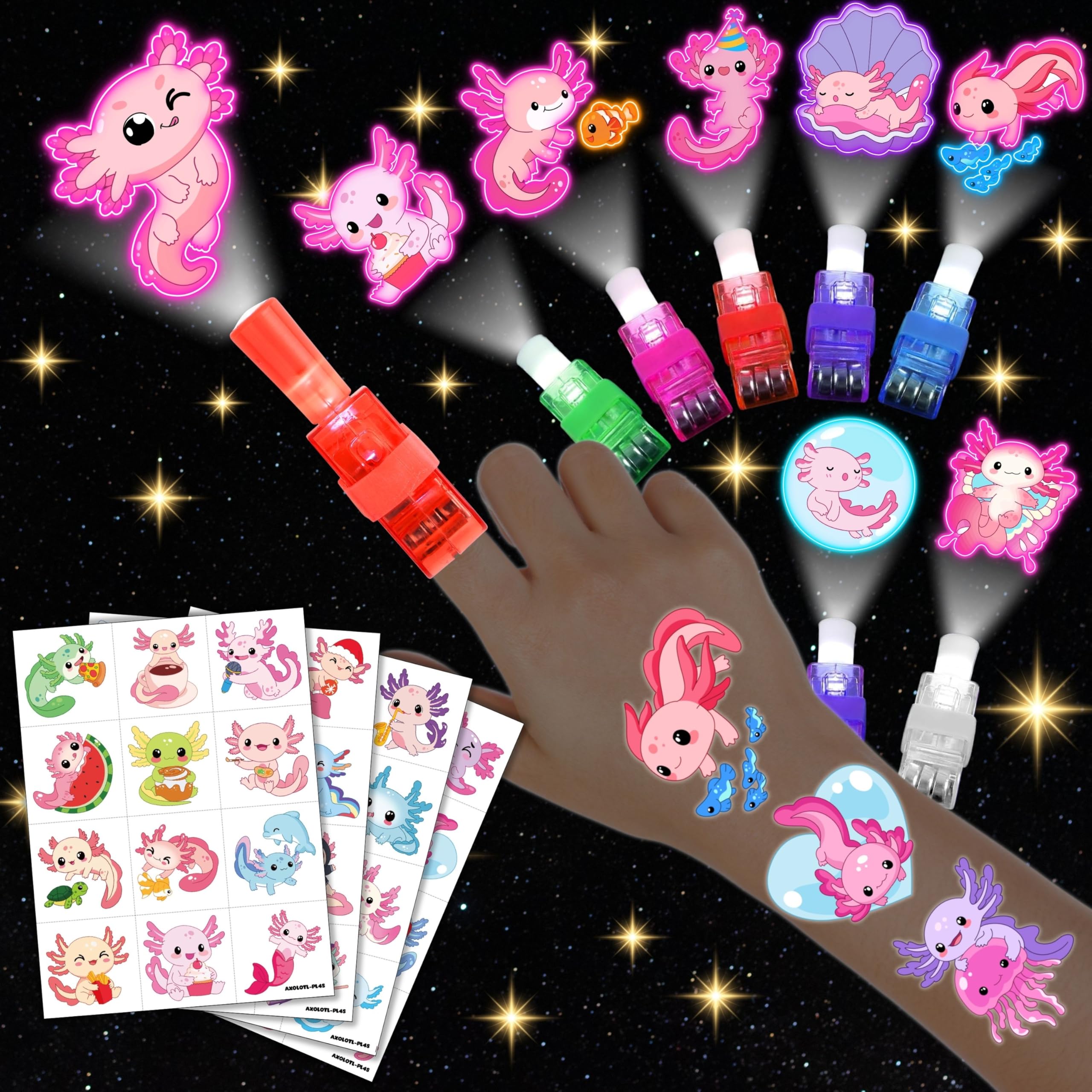 72 PCS Axolotl Party Favors - 48 PCS Tattoos & 24 PCS LED Finger Lights