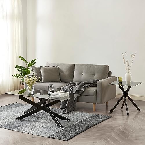 Miniatura 7 de Edwin's Choice Mesa auxiliar y auxiliar cuadrada de vidrio negro con parte superior de vidrio templado gris y patas tubulares de metal negro con