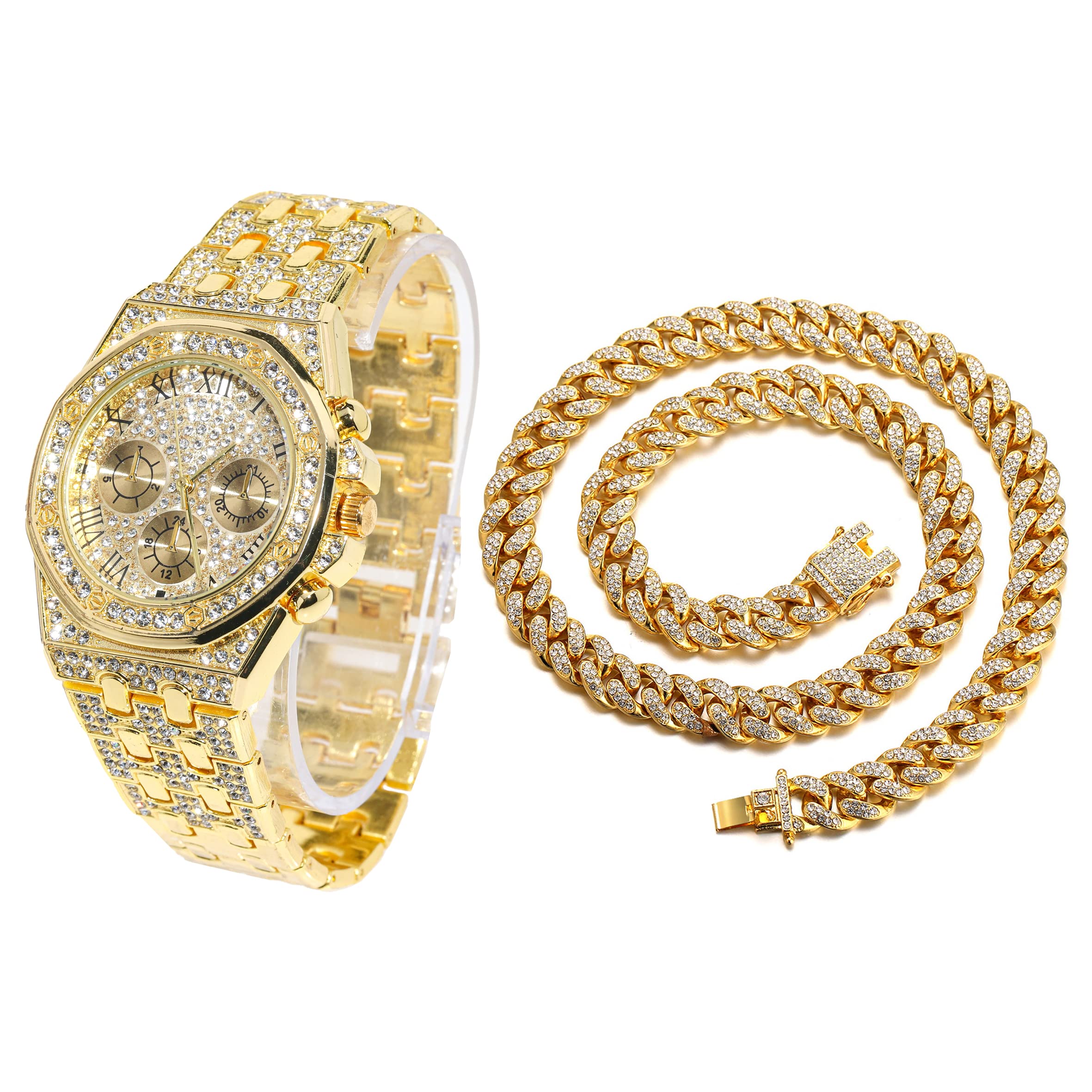HALUKAKAH Diamante Reloj Oro, Hombres Chapado Oro Real 18K/Oro Blanco Platino 40MM Ancho Números Romanos Esfera Cuarzo Pulsera 22cm con Enlace Cubano Cadena 20+45cm Collar Pulsera, con Caja de Regalo