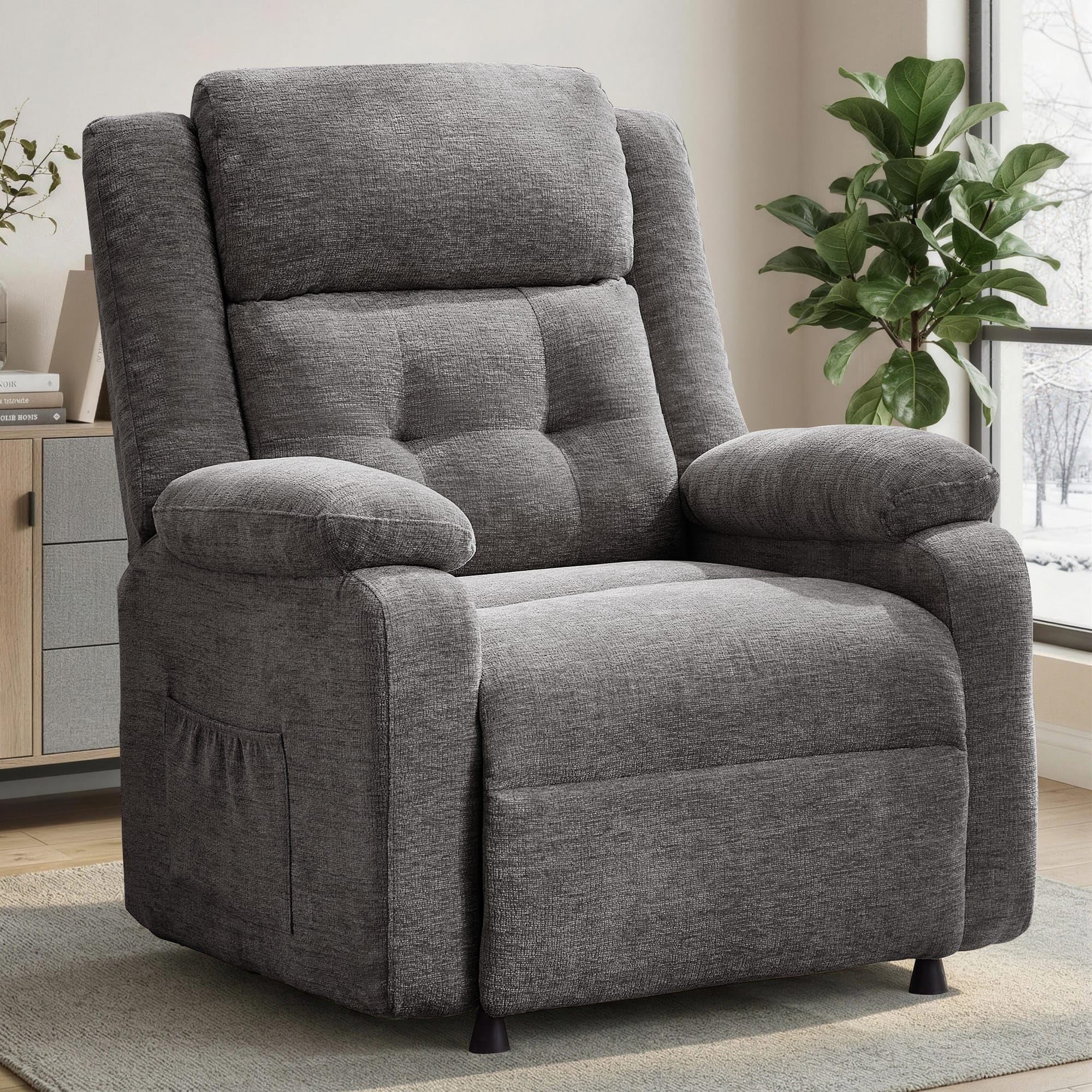Korser Fernsehsessel Elektrisch Verstellbar für Erwachsene, Oversized Relaxsessel mit Liegefunktion und Dicken Kissen, TV Sessel aus Chenille-Stoff für Wohnzimmer und Schlafzimmer (Grau)