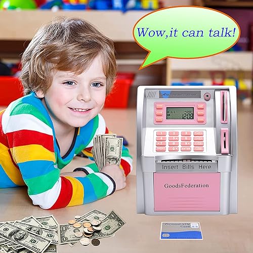 Miniatura 5 de Alcancía de cajero automático parlante mejorada para niños y adultos, banco de dinero de juguete para dinero real con aviso de voz, ahorro de datos,