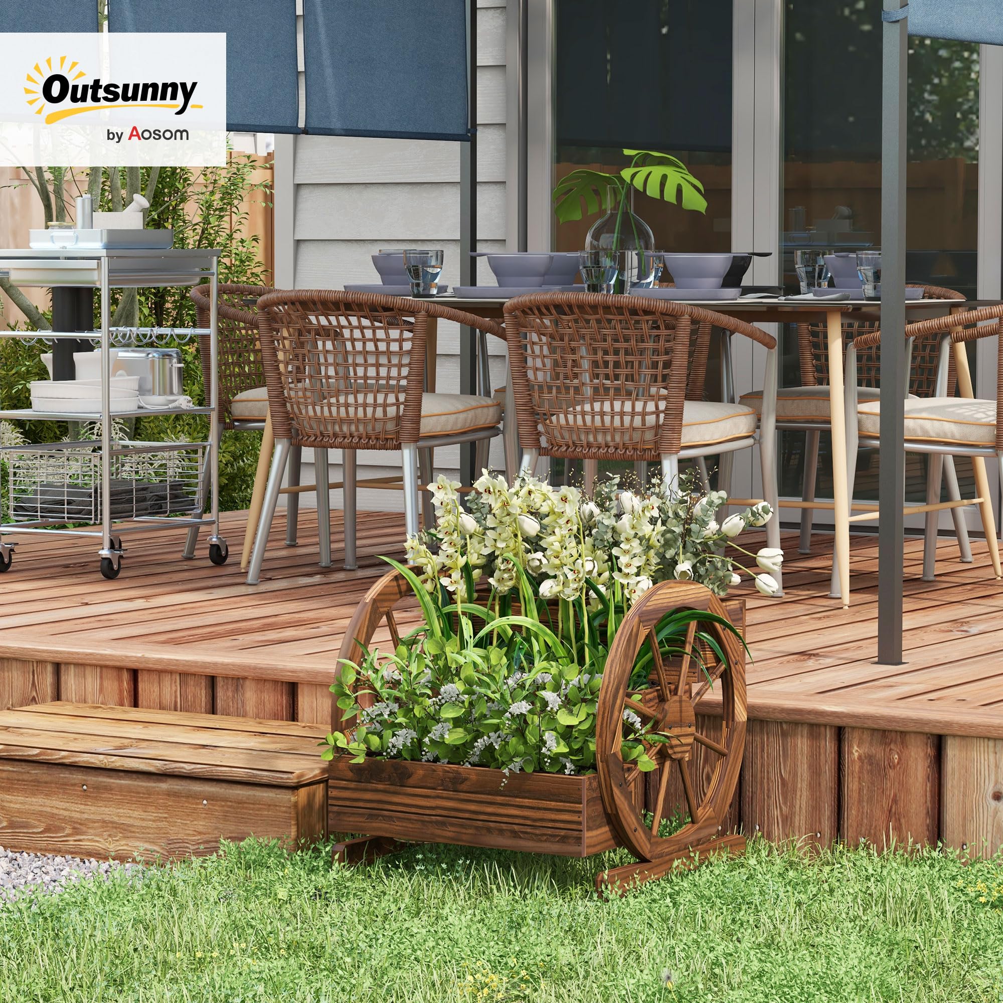 Outsunny Jardinière sur Pieds carré Potager 3 étages Style Rustique Chic avec 2 Roues Charrette Bois Sapin, Trous de Drainage, dim. 62L x 61l x 57H cm Marron