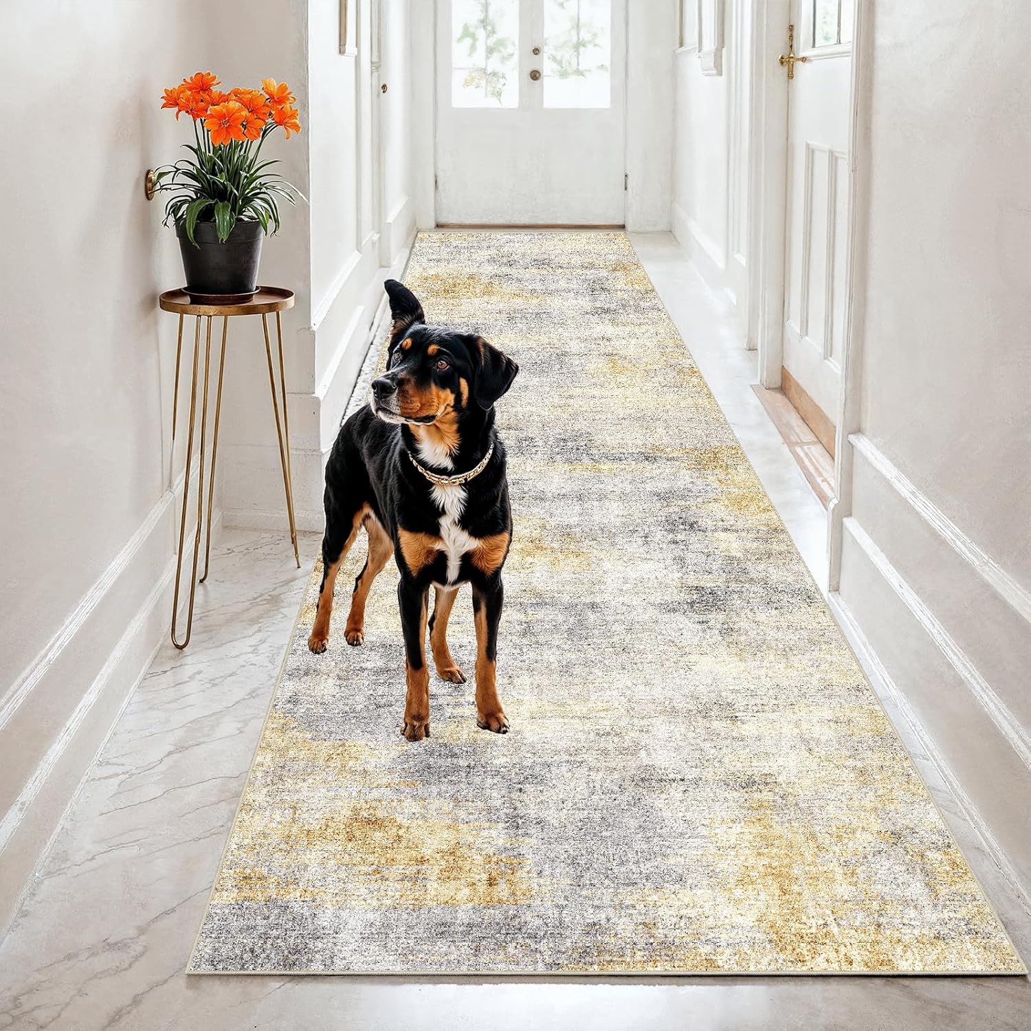 2x8 Washable Kitchen Runner Rug: Modern Abstract Runners for Hallway Soft Non Slip Rugs with Rubber Backing Low Pile Thin Waterproof Floor Carpet for Entryway Bedroom Bathroom Indoor 2x8 Grey/Yellow