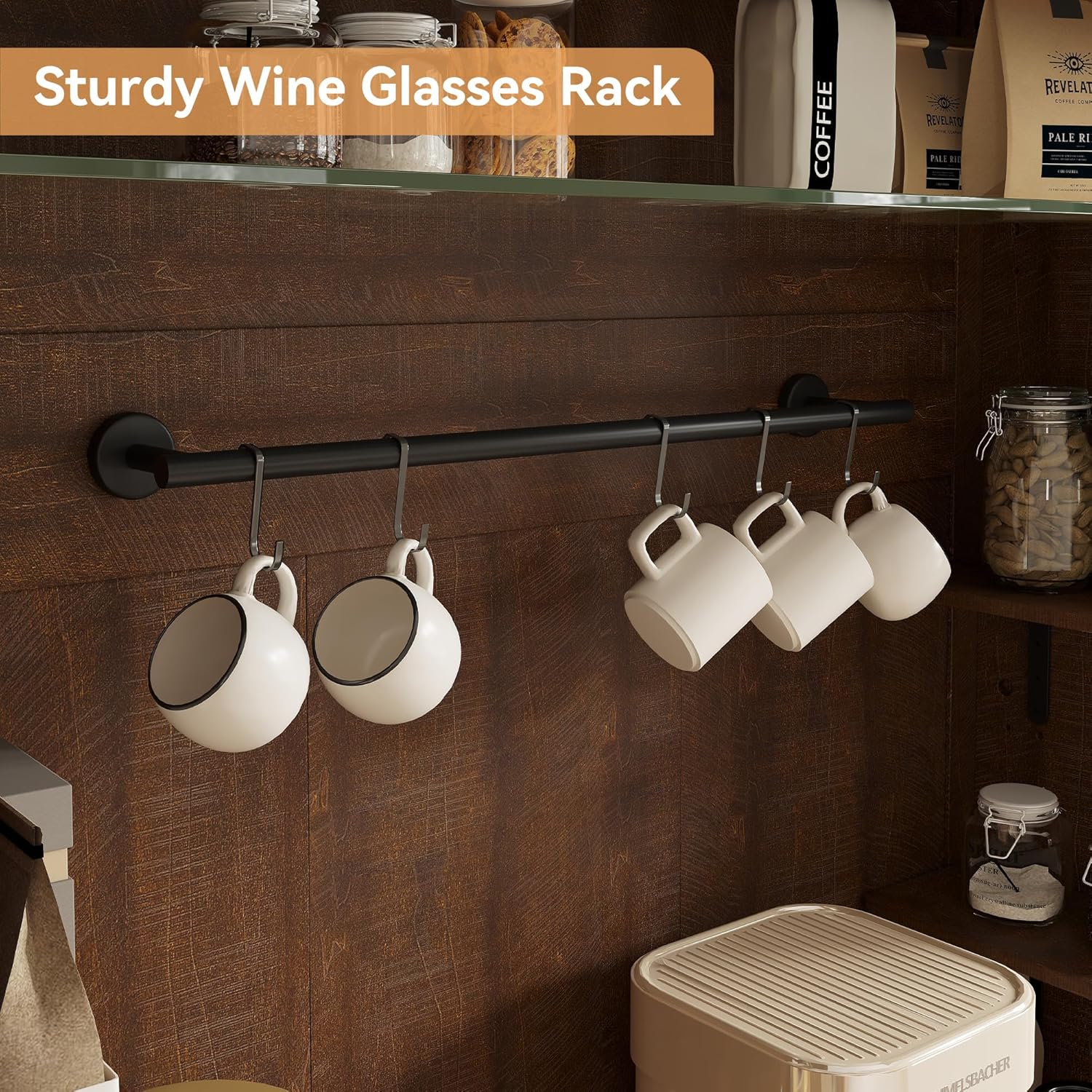 Tall Coffee Bar Cabinet with LED Lights,Tall Kitchen Cabinet Farmhouse Buffet Cabinet with Storage,Kitchen Sideboard with Microwave Stand/Wine Rack/Glass Shelf(Reddish Brown)