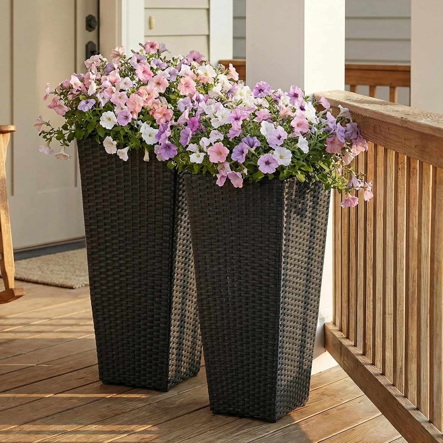 Sunnydaze Square Tall Wicker Outdoor Planter Set of 2 - Polyrattan Large Outdoor Planters for Porch, Patio or Garden - 20" Tall Plant Pots - Black