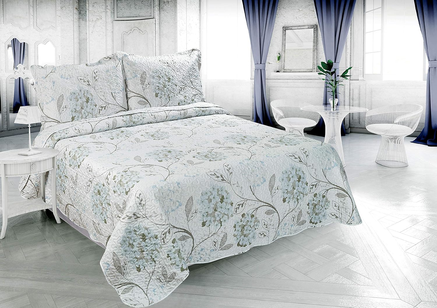 Marina Decoration Rich Printed Embossed Pinsonic Coverlet Bedspread Ultra Soft 3 Piece Summer Quilt Set with 2 Quilted Shams, Blue Hydrangea Floral Pattern King Size
