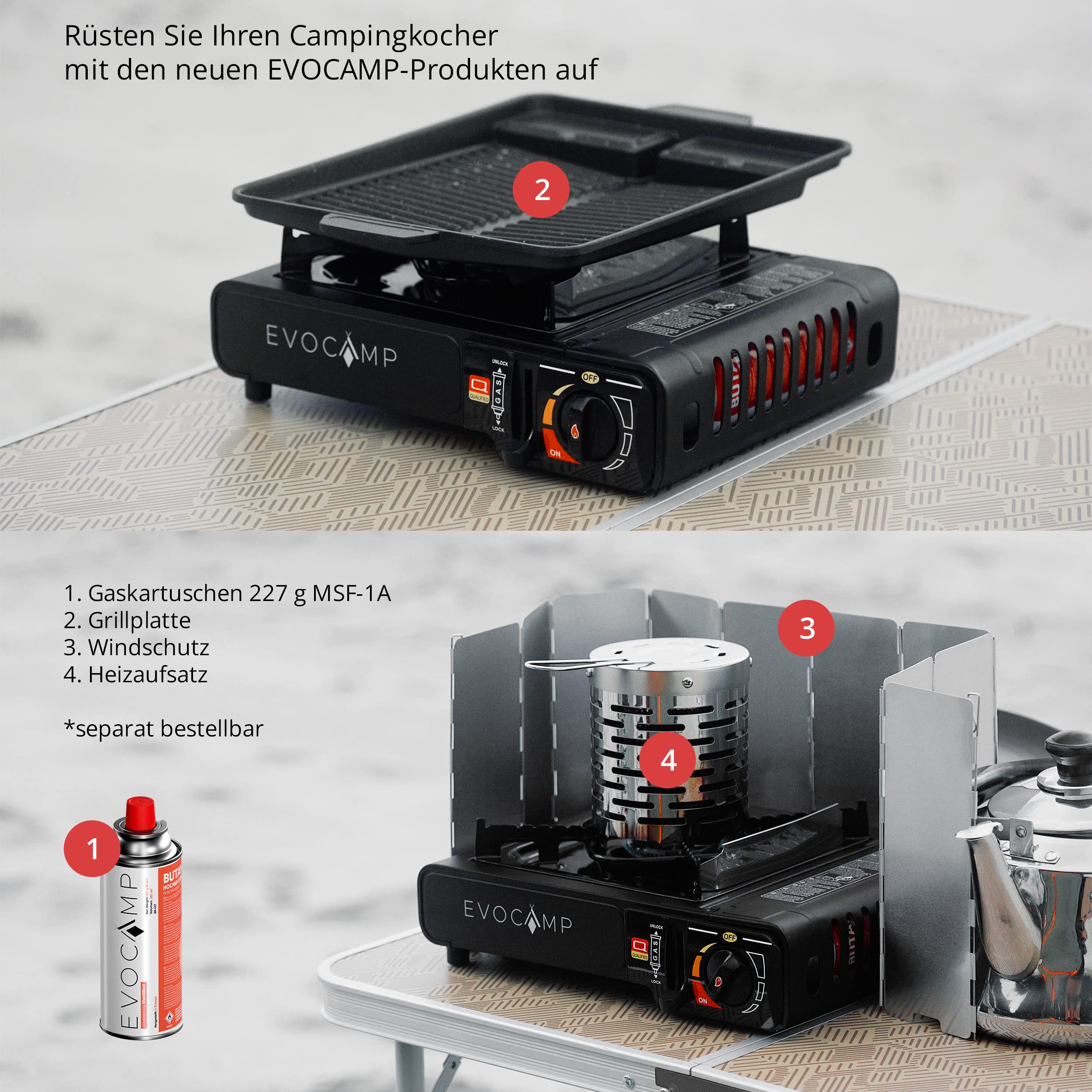 Gaskocher 1-flammig und Grillplatte BBQ eckig 38 cm, Campingkocher für Gaskartuschen MSF-1a 227g, Camping Herd mit Tragekoffer - Ideal für Outdoor-Aktivitäten wie Camping oder Wandern