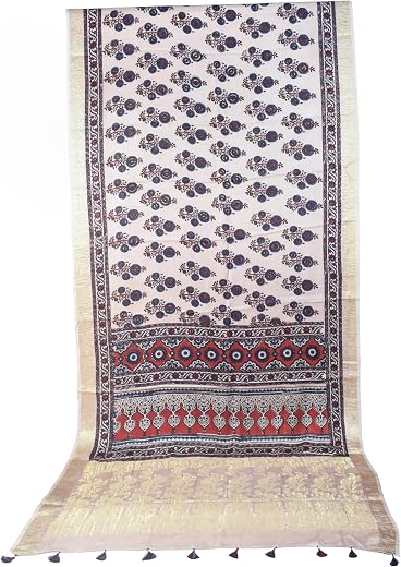 Ethnics of Kutch Ajrakh Modal Silk Saree For Women | Natural Dye Hand Block Print |Nakshi Jari Pallu and All Around Border...