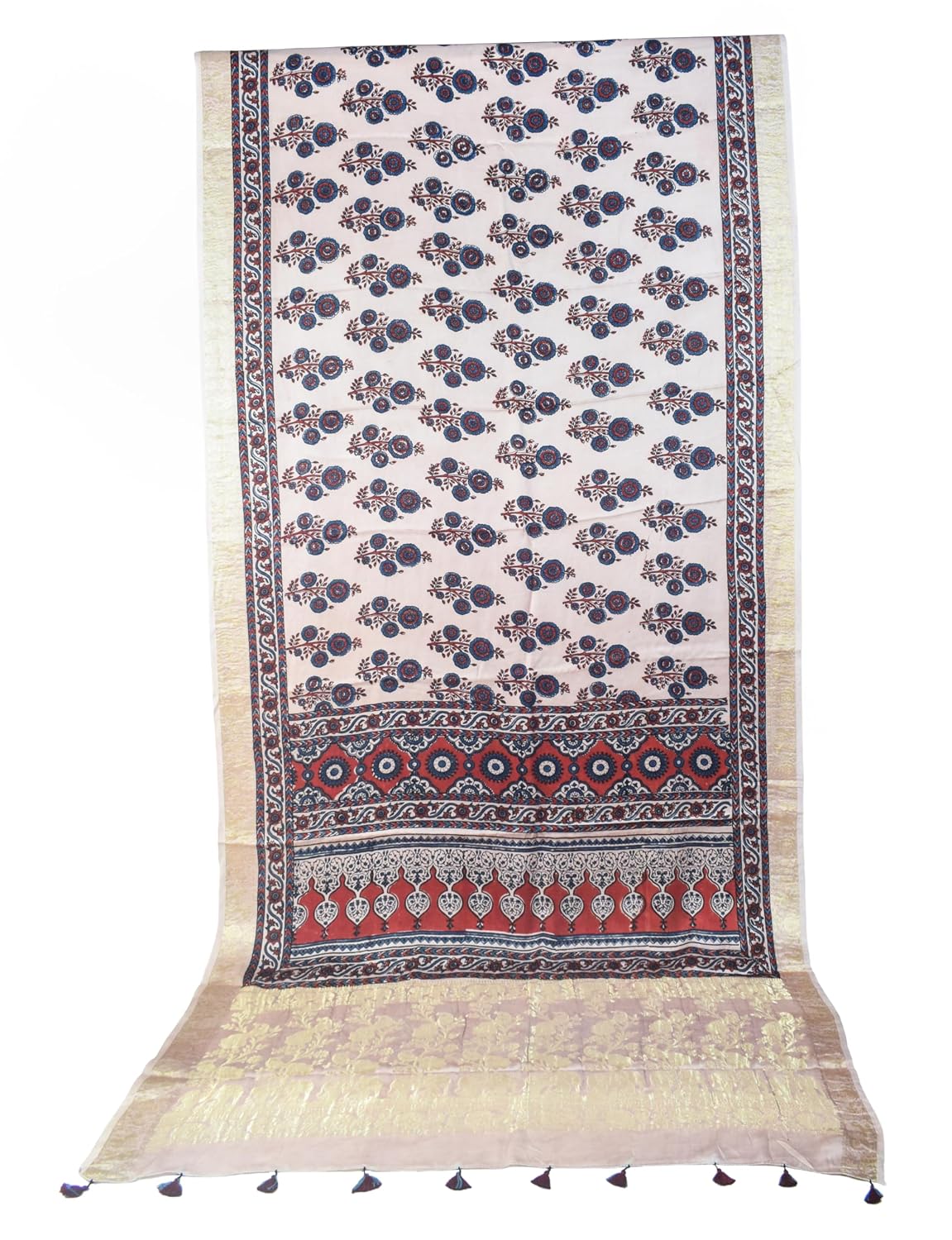 Ethnics of Kutch Ajrakh Modal Silk Saree For Women | Natural Dye Hand Block Print |Nakshi Jari Pallu and All Around Border...
