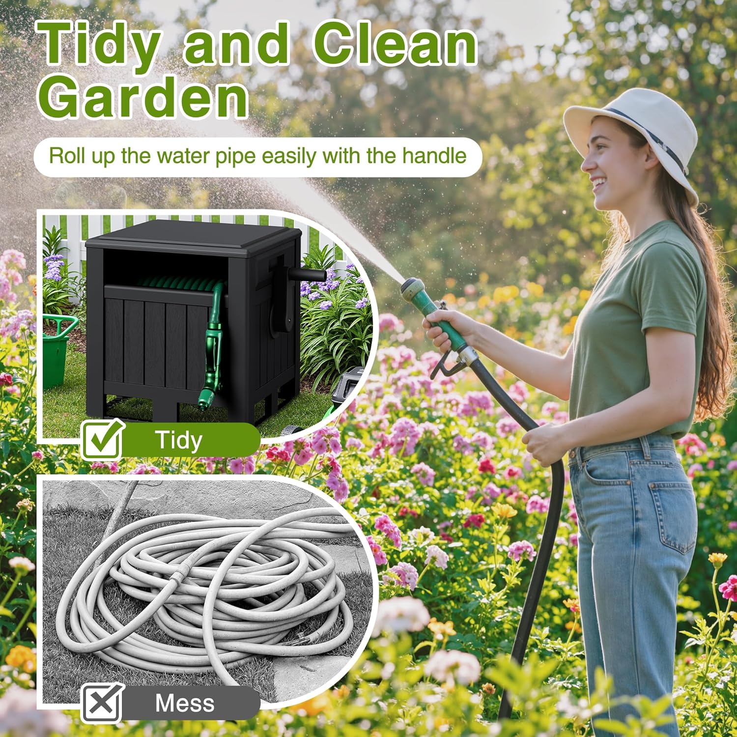 Greesum Resin Garden Hose Reel Hideaway, Outdoor Hose Storage Cabinet with Manual Rewind, No-Leak Water Connectors, Fits 170ft 5/8" Hose, Heavy-Duty & Weatherproof, Black