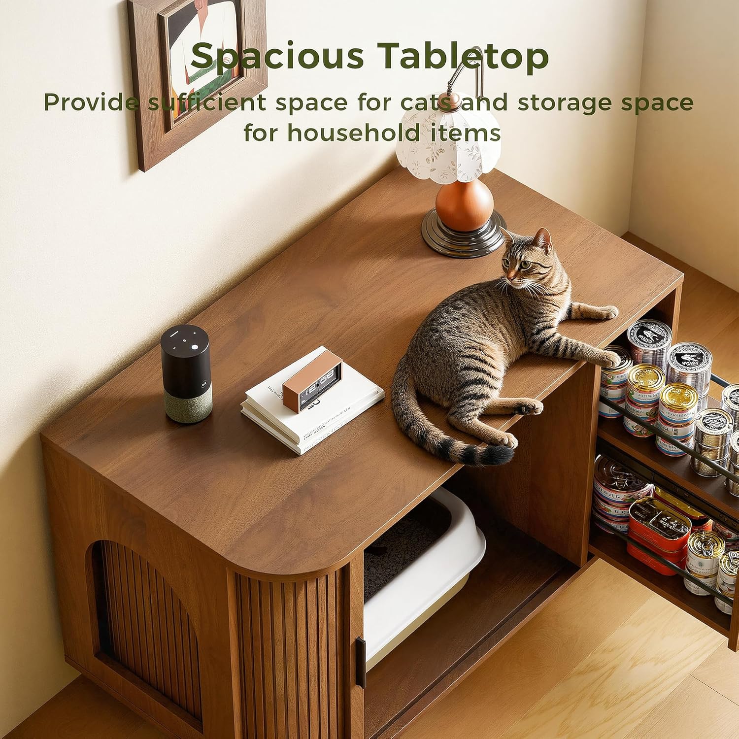 Image showing the spacious tabletop of the IRONCK Cat Litter Box Enclosure with a cat resting on it and decorative items.